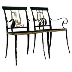 Vintage Regency Lyre Back Wrought Iron Chairs - a Pair