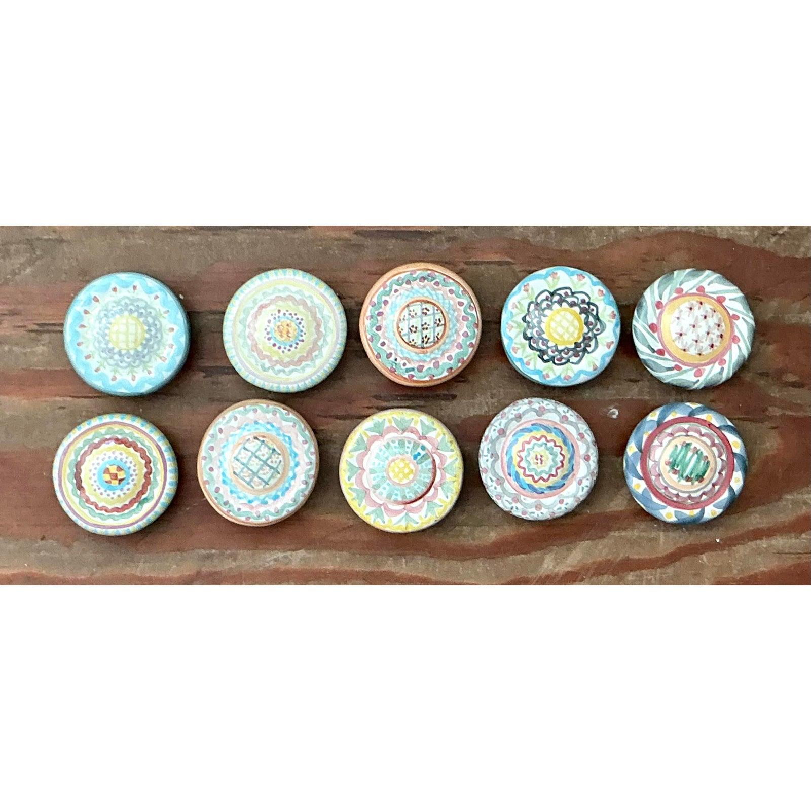 Post-Modern Vintage Regency Mackenzie Childs Glazed Ceramic Drawer Pulls - Set of 10 For Sale