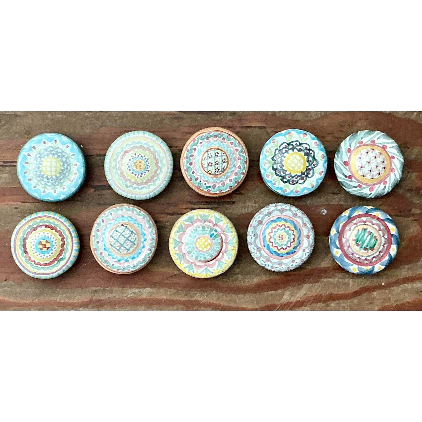 Vintage Regency Mackenzie Childs Glazed Ceramic Drawer Pulls - Set of 10 In Good Condition For Sale In West Palm Beach, FL