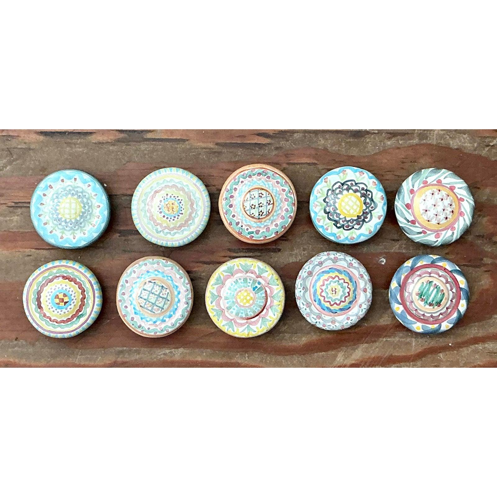 20th Century Vintage Regency Mackenzie Childs Glazed Ceramic Drawer Pulls - Set of 10 For Sale