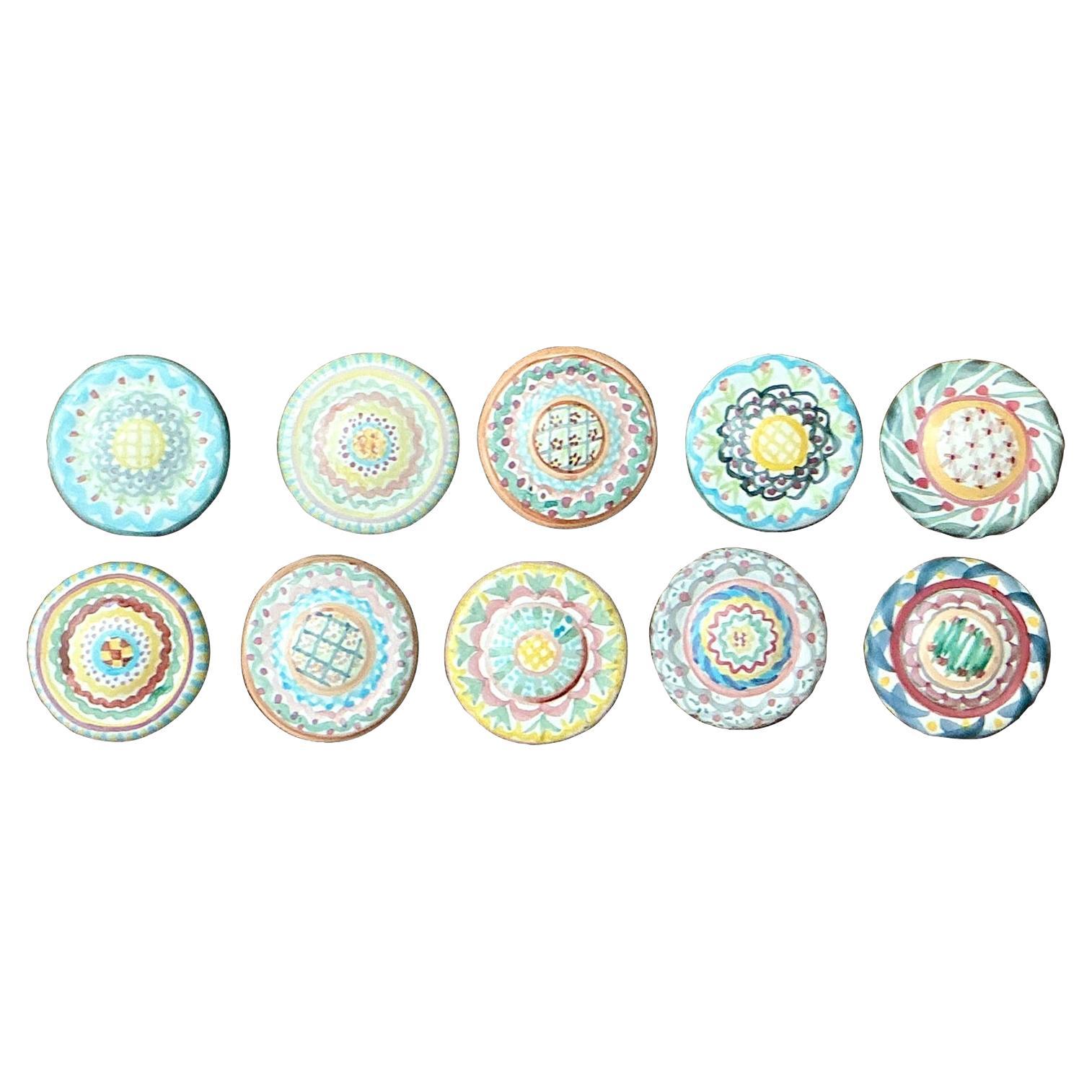 Vintage Regency Mackenzie Childs Glazed Ceramic Drawer Pulls - Set of 10 For Sale