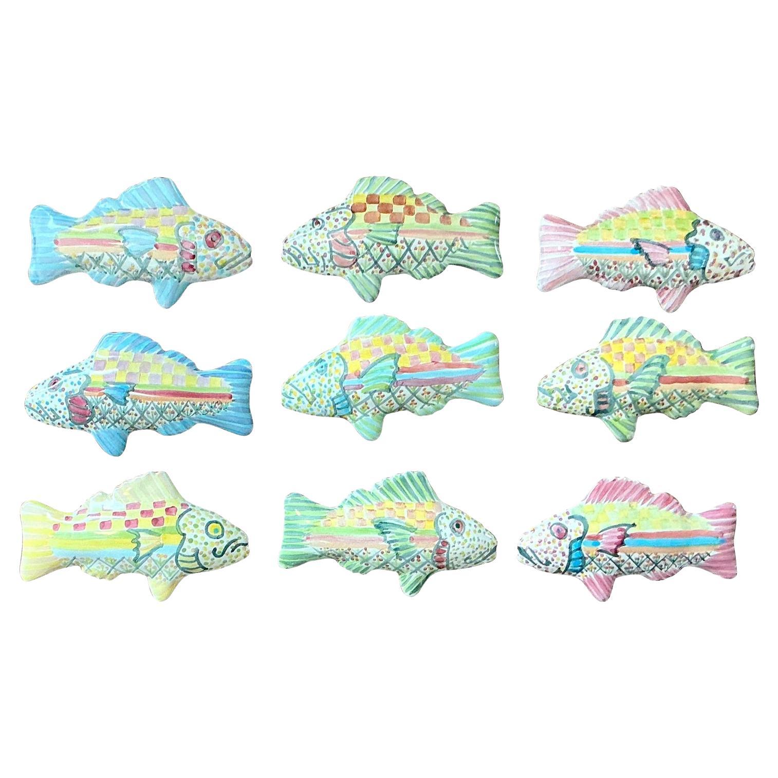 Vintage Regency Mackenzie Childs Glazed Ceramic Fish Drawer Pulls - Set of 9