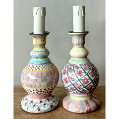 Vintage Regency Mackenzie Childs Glazed Ceramic Lamps - A Pair