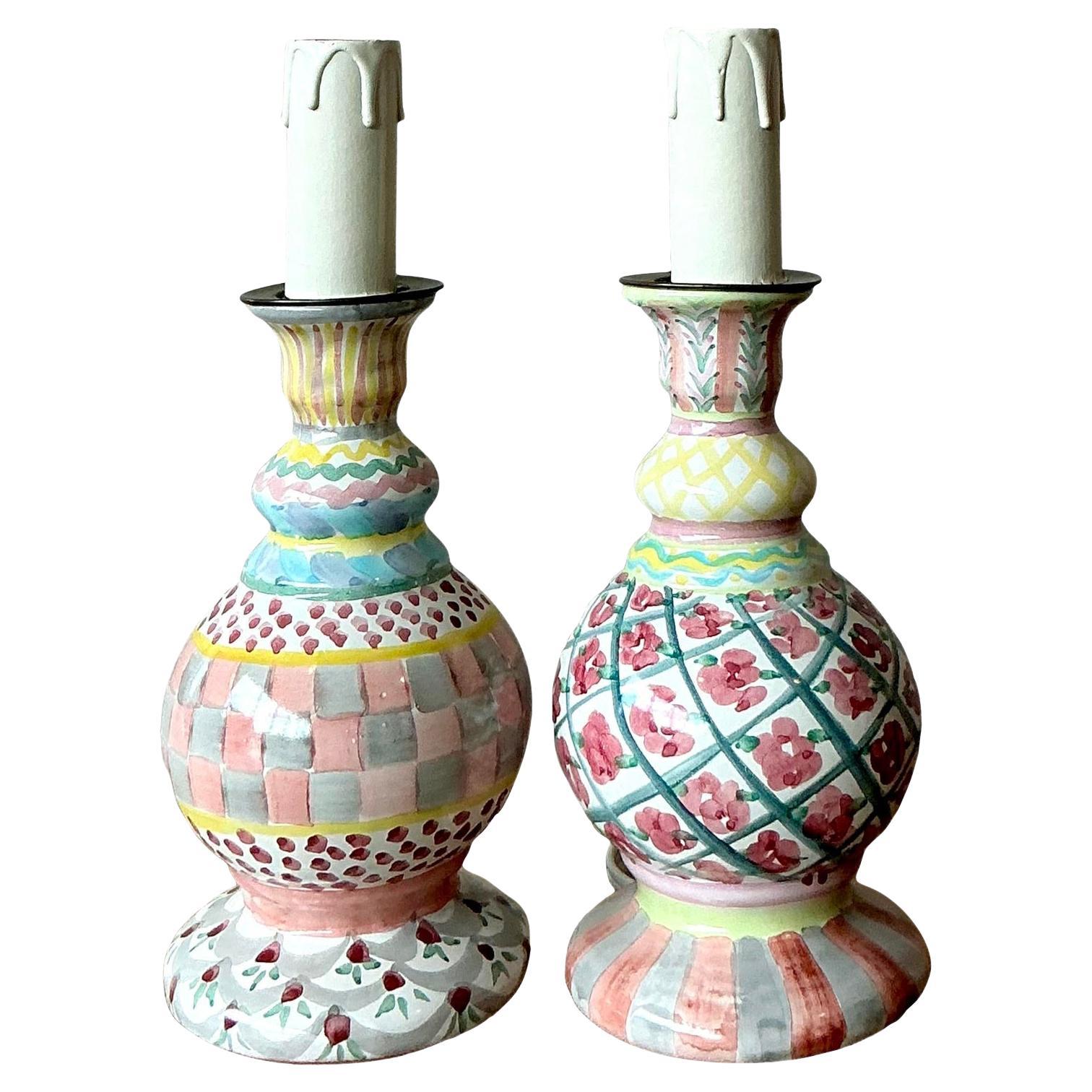 Lampes Vintage Regency en céramique émaillée Mackenzie Childs - une paire