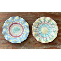 Vintage Regency Mackenzie Childs Glazed Ceramic Ruffle Plates - Set of 2