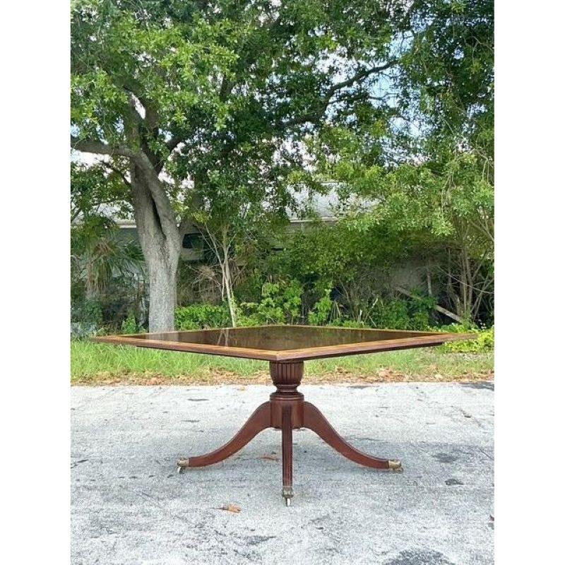 Brass Vintage Regency Mahogany and Birdseye Duncan Phyfe Square Dining Table For Sale