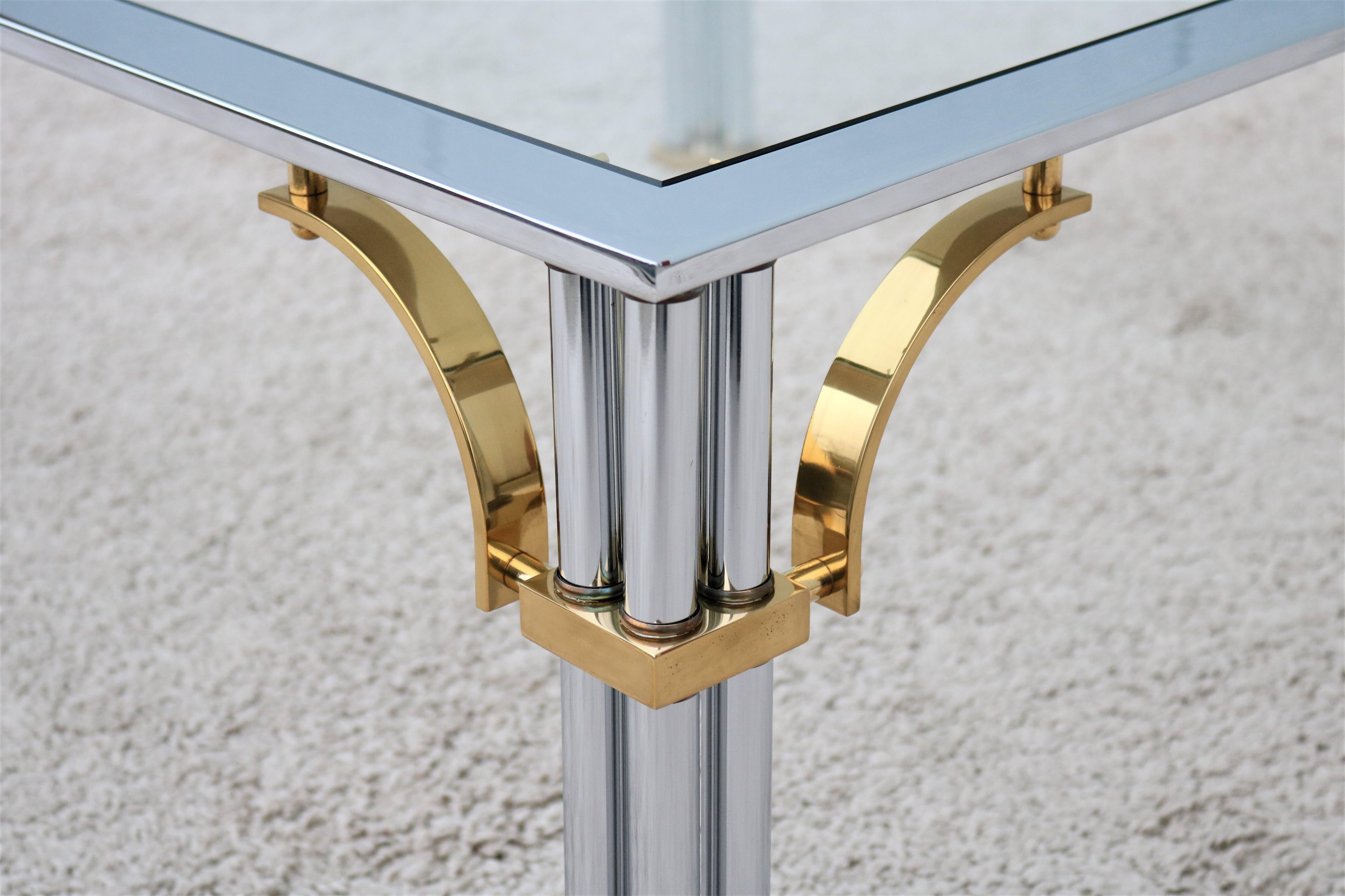 Vintage Regency Maison Jansen Style Brass Chrome and Glass Square Coffee Table For Sale 3