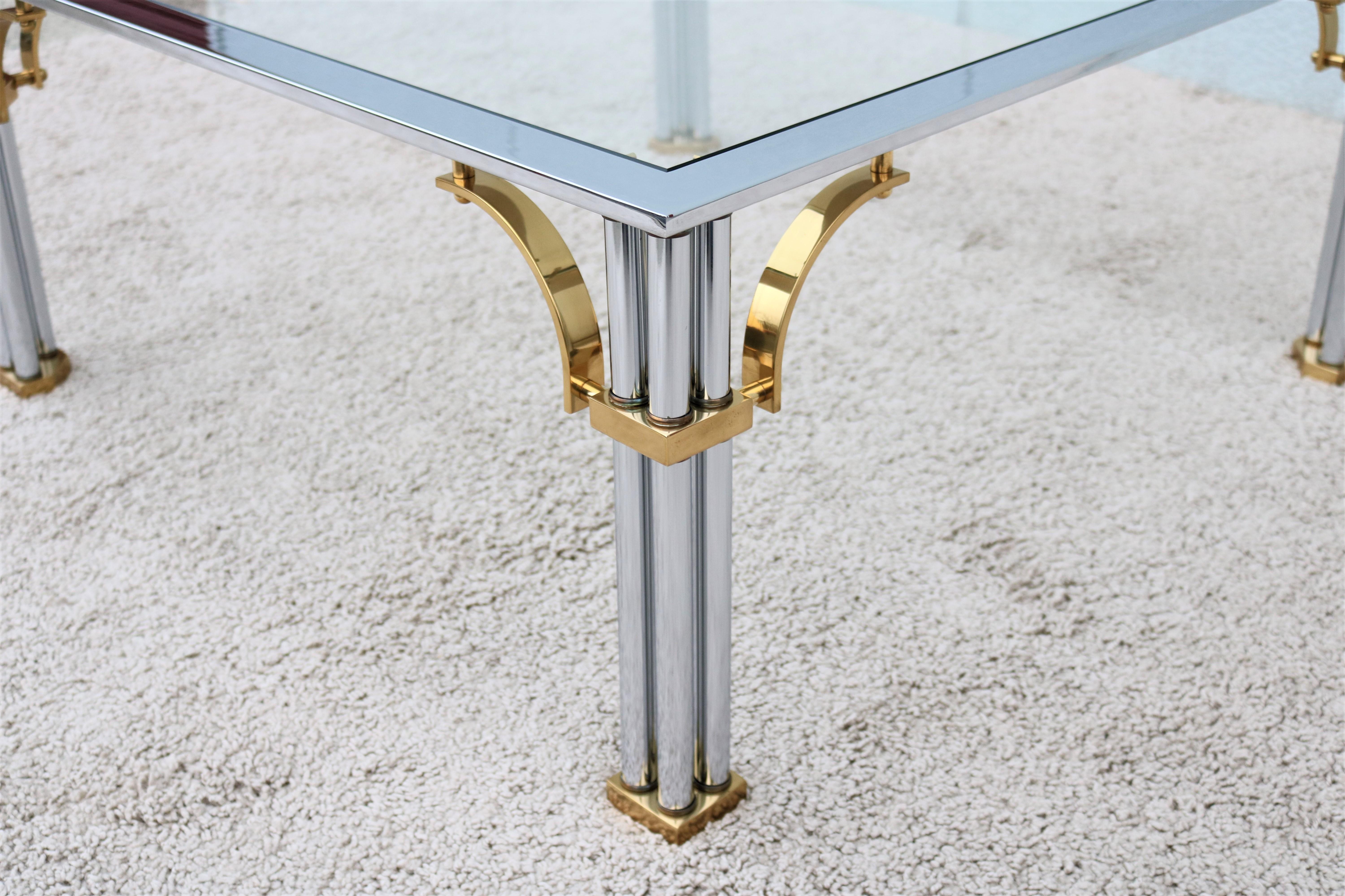 Vintage Regency Maison Jansen Style Brass Chrome and Glass Square Coffee Table For Sale 4