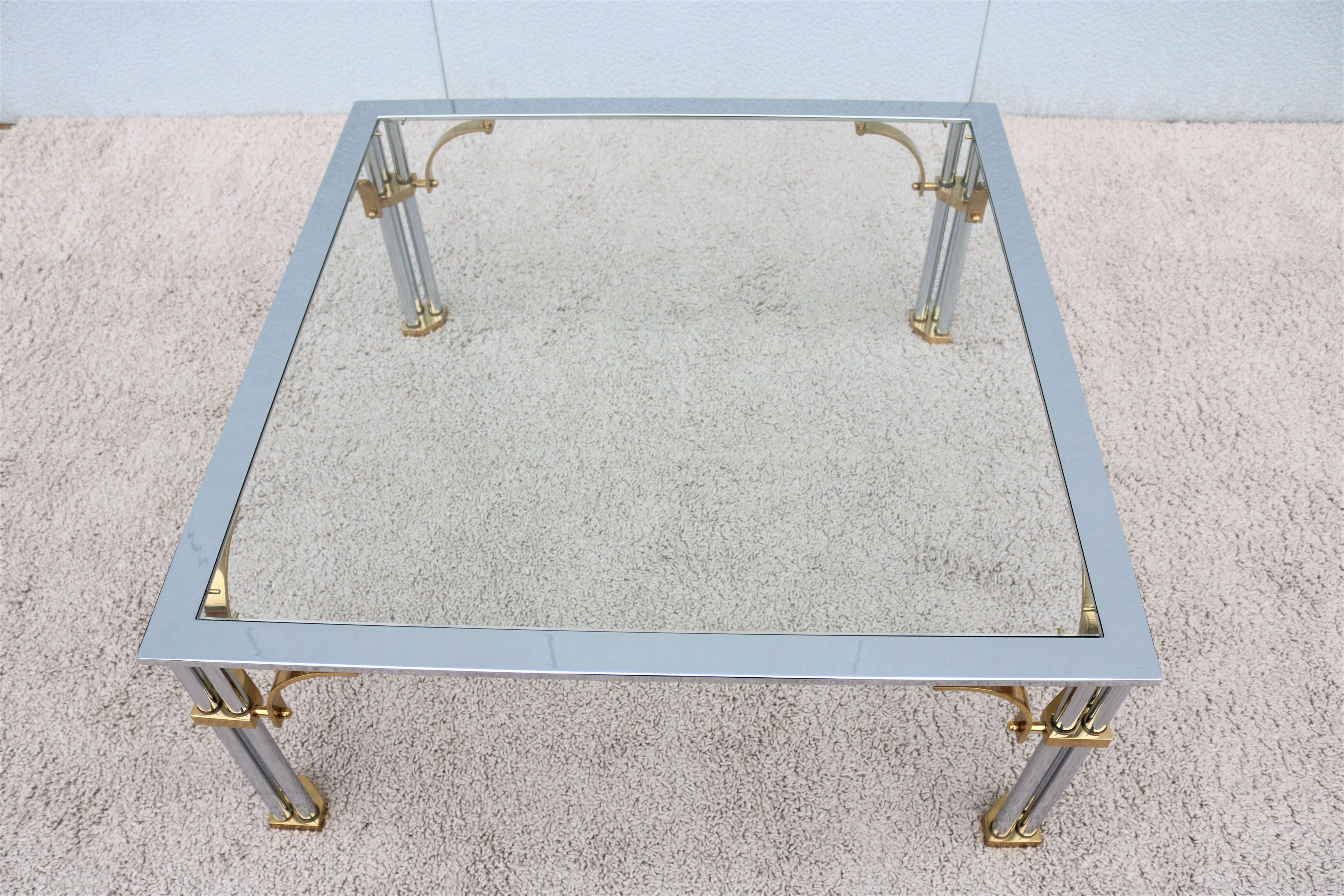 Hollywood Regency Vintage Regency Maison Jansen Style Brass Chrome and Glass Square Coffee Table For Sale