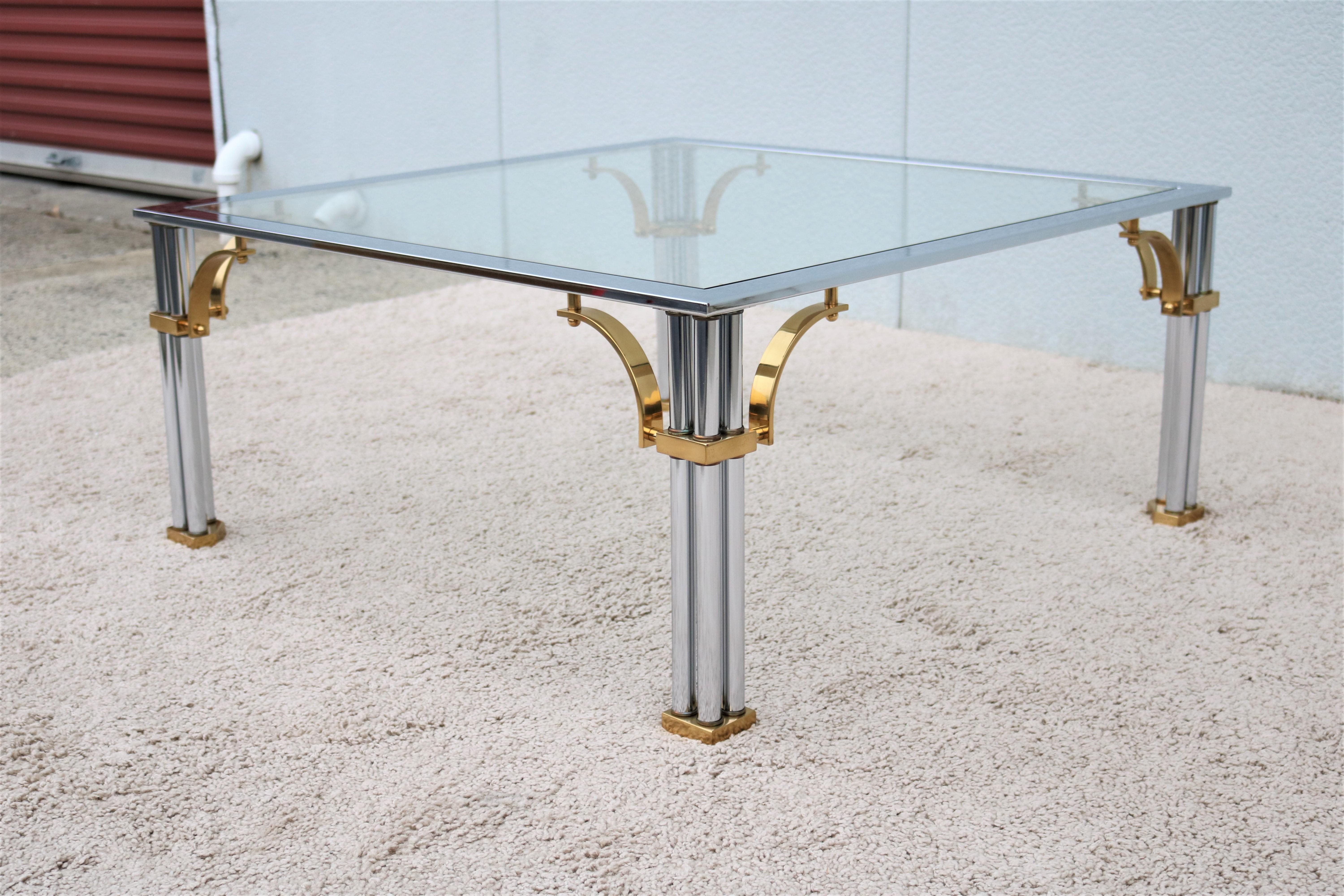 American Vintage Regency Maison Jansen Style Brass Chrome and Glass Square Coffee Table For Sale