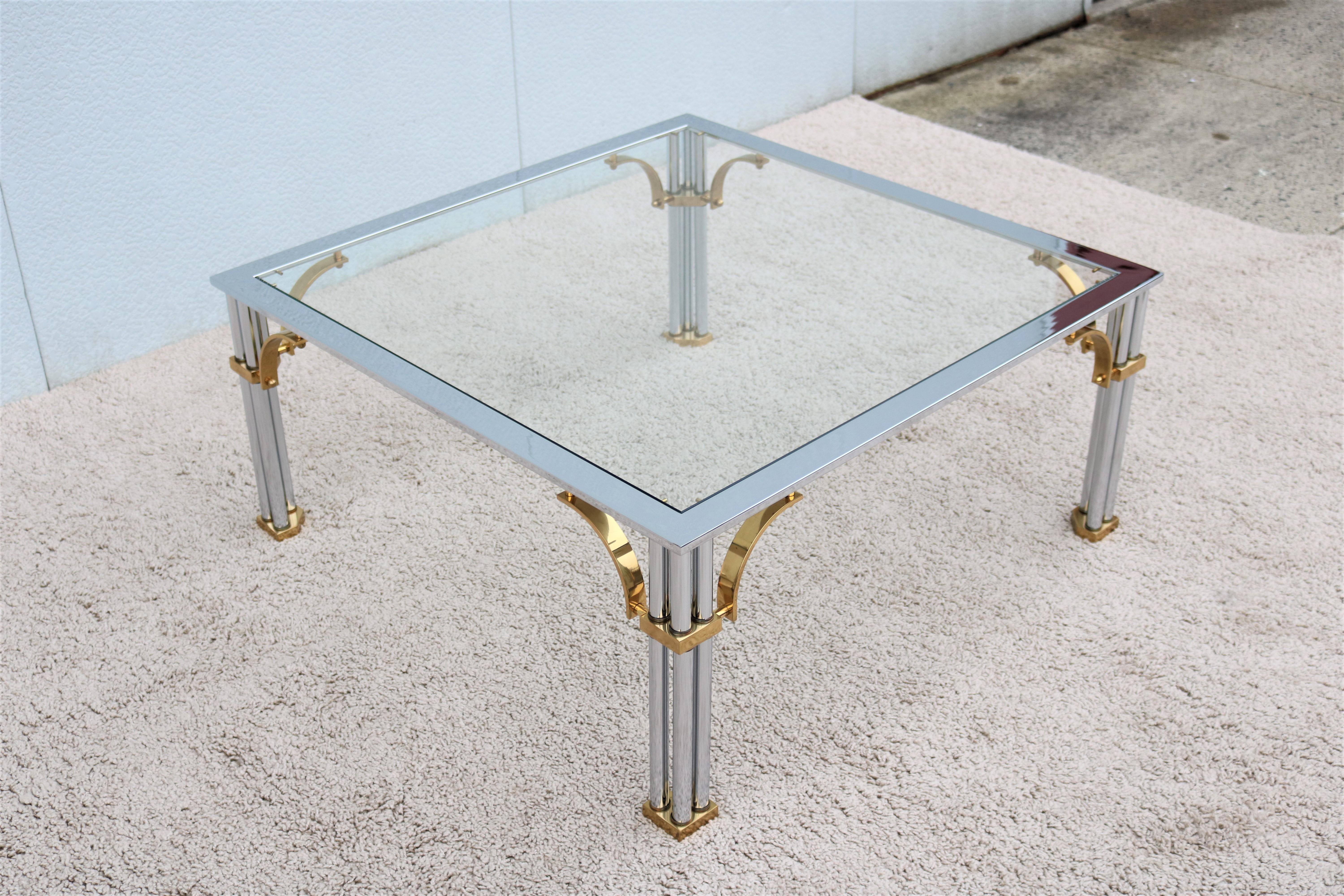 Polished Vintage Regency Maison Jansen Style Brass Chrome and Glass Square Coffee Table For Sale