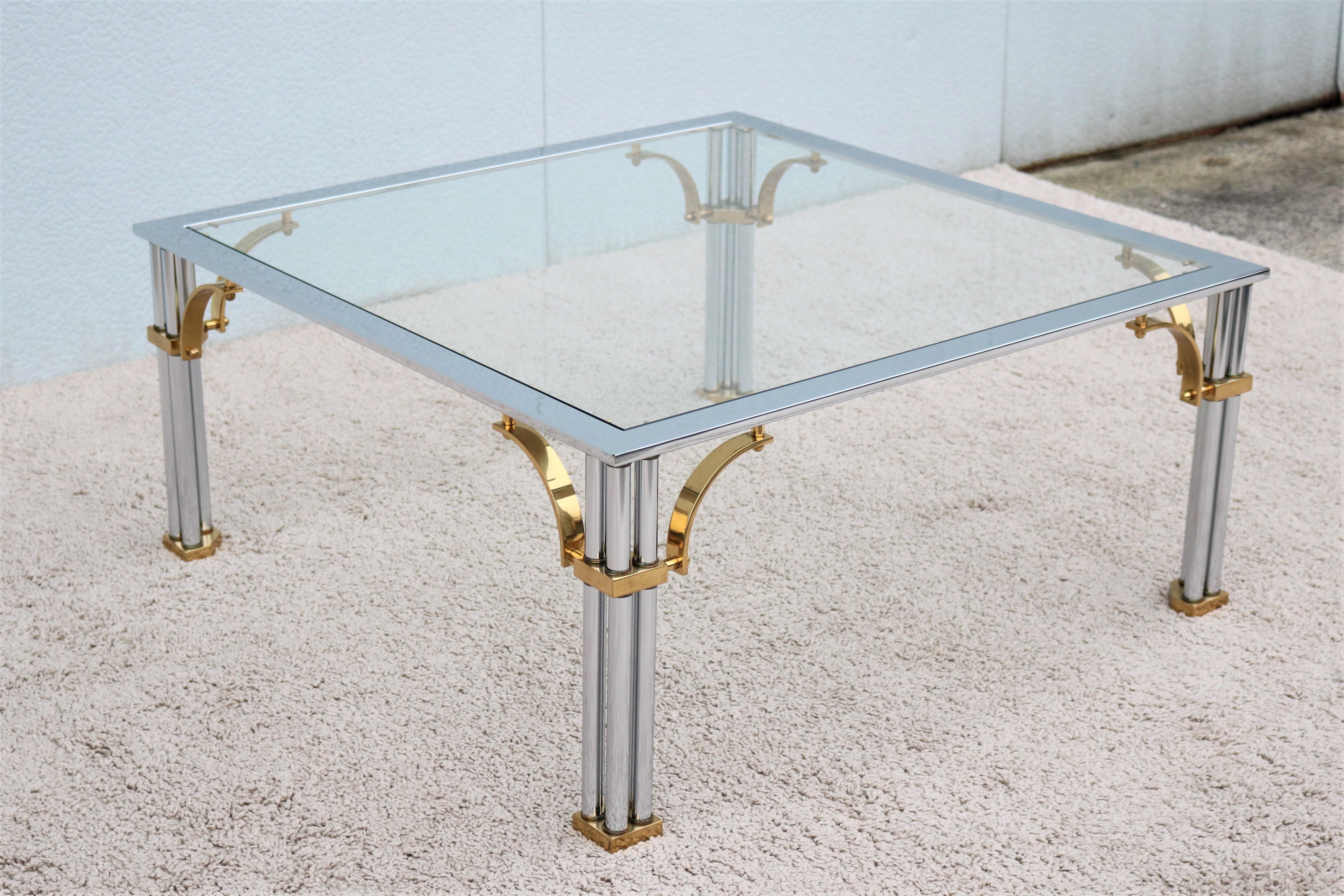 Vintage Regency Maison Jansen Style Brass Chrome and Glass Square Coffee Table In Good Condition For Sale In Secaucus, NJ