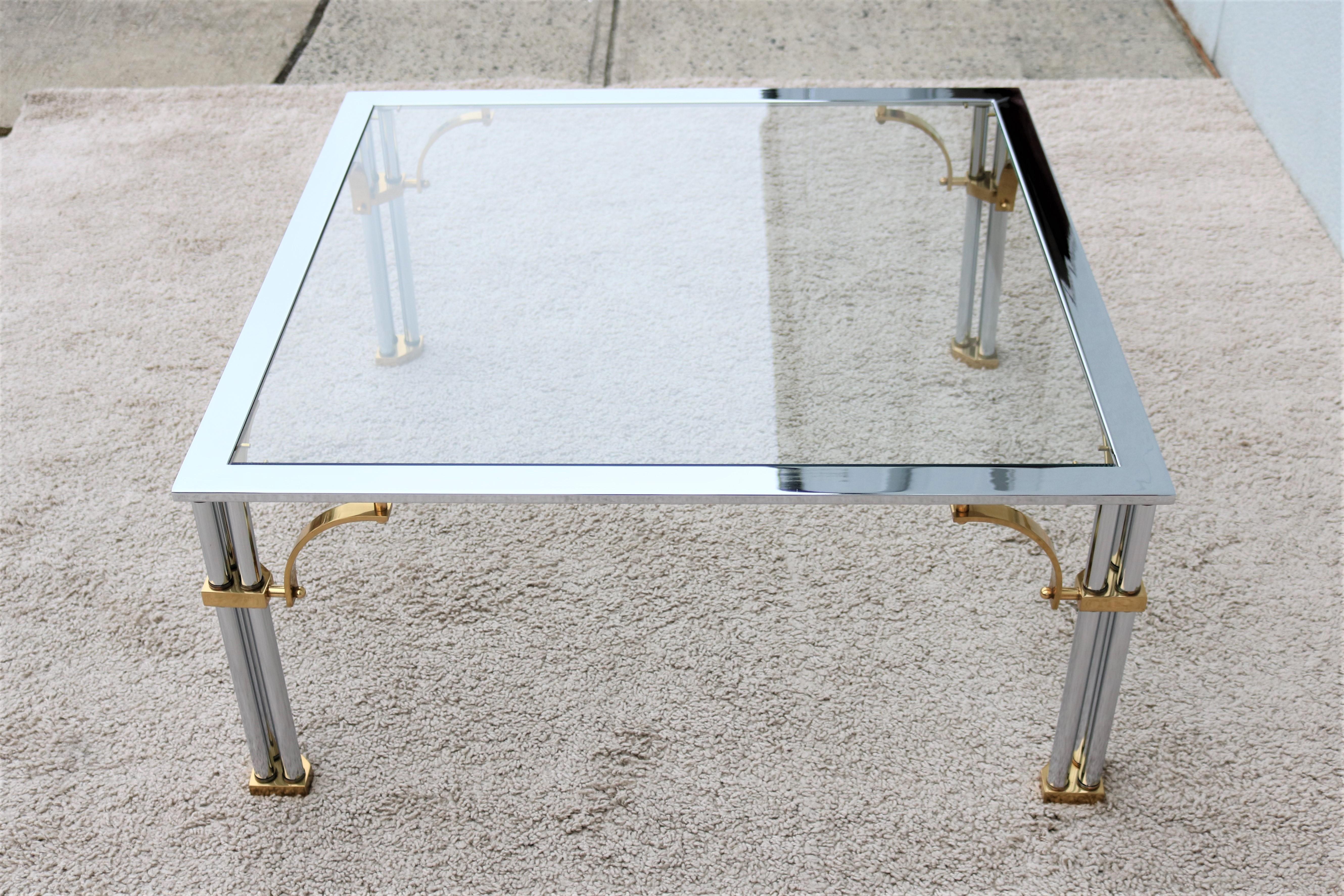 Vintage Regency Maison Jansen Style Brass Chrome and Glass Square Coffee Table For Sale 1