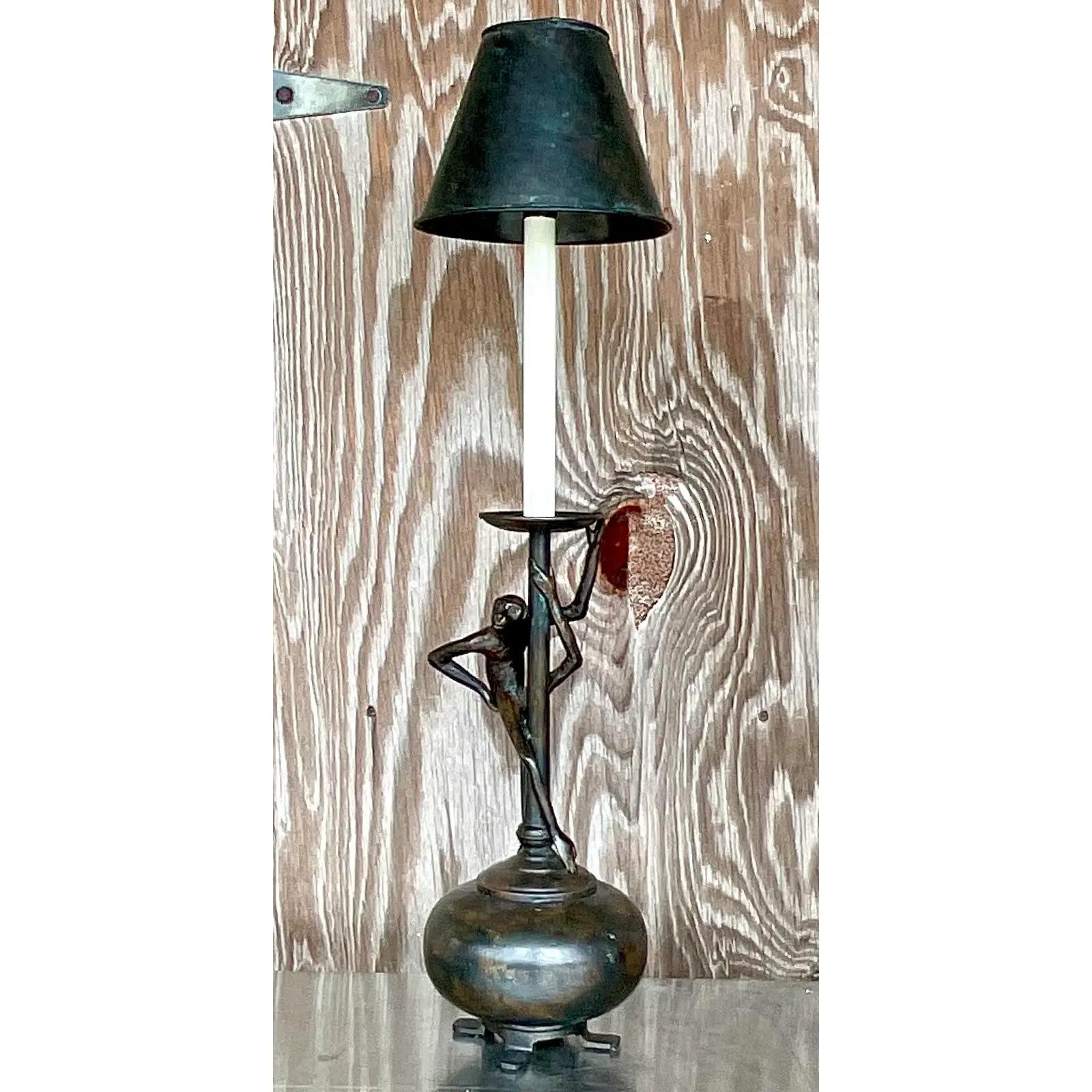 Philippine Vintage Regency Maitland Smith Climbing Monkey Table Lamps For Sale