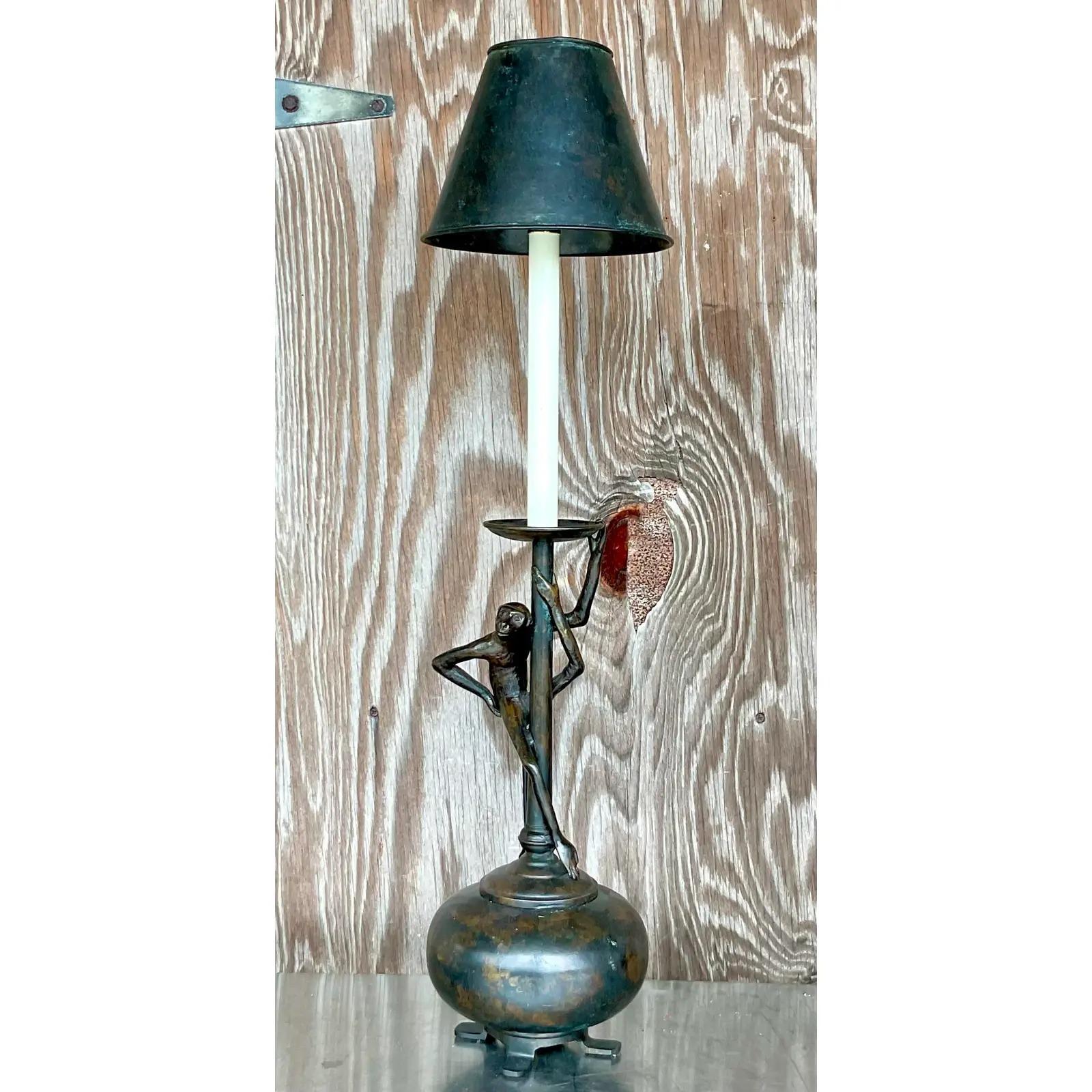 Metal Vintage Regency Maitland Smith Climbing Monkey Table Lamps For Sale