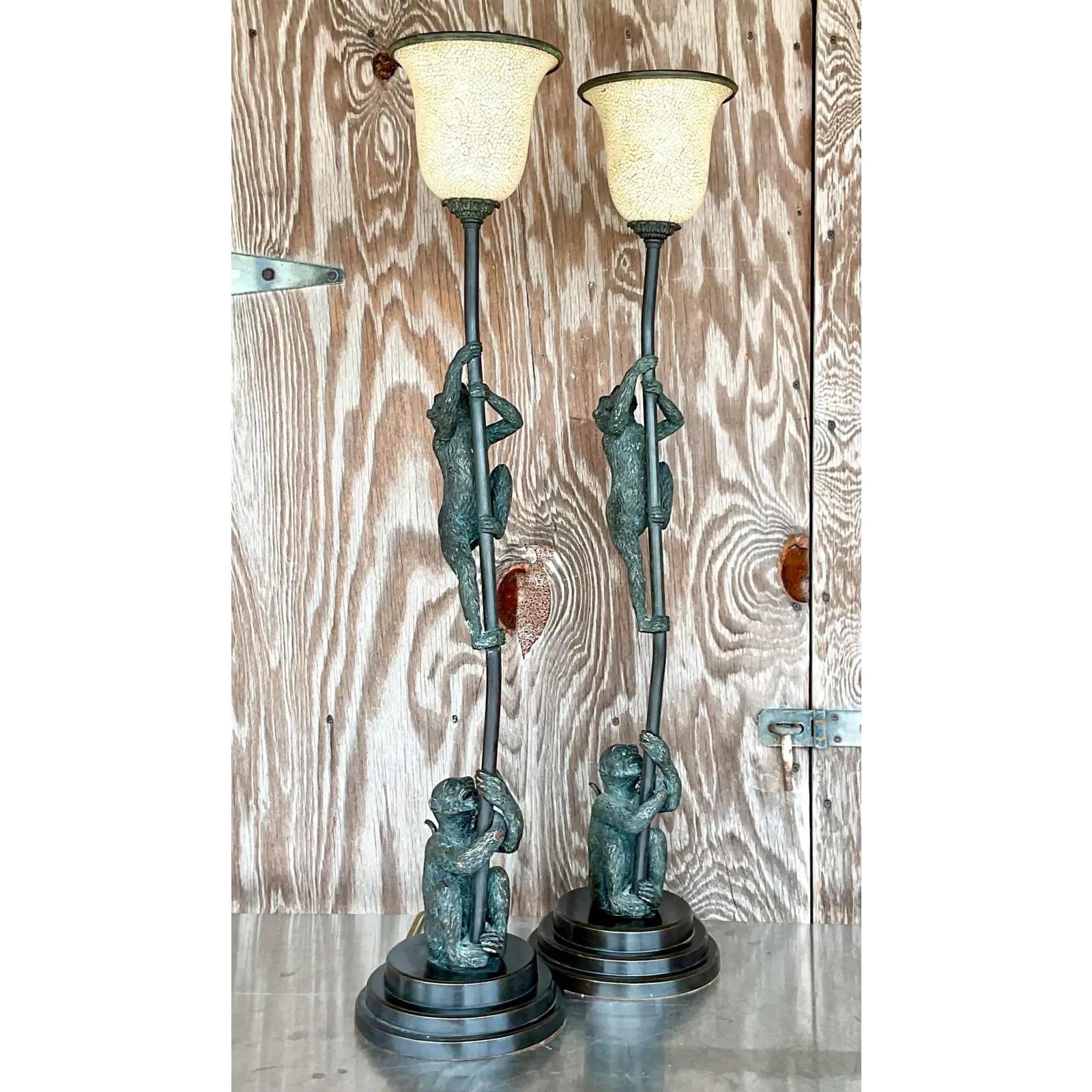 Philippine Vintage Regency Maitland Smith Climbing Monkeys Table Lamps, a Pair