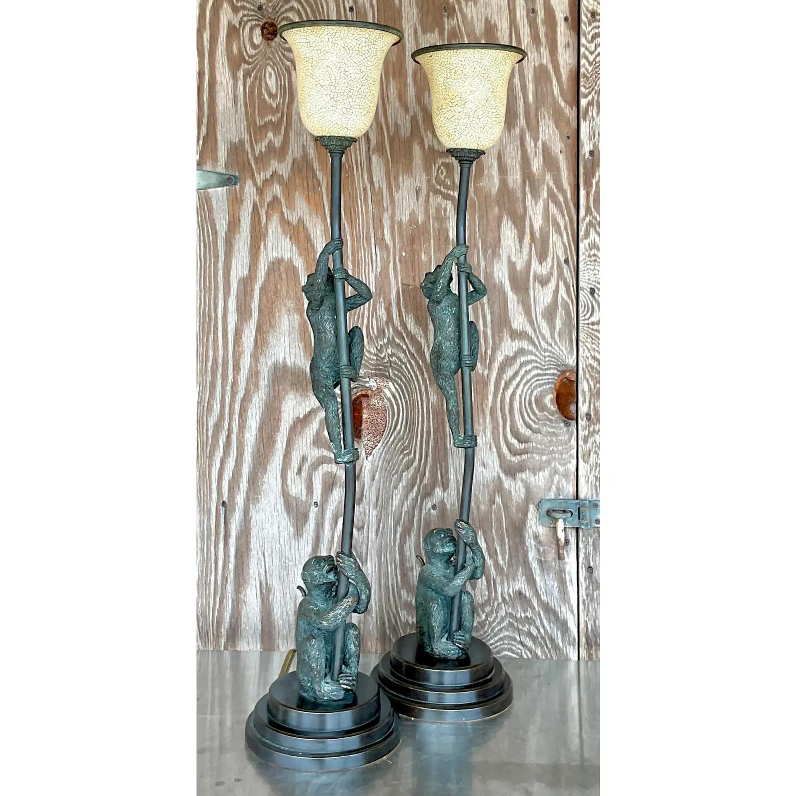 20th Century Vintage Regency Maitland Smith Climbing Monkeys Table Lamps, a Pair