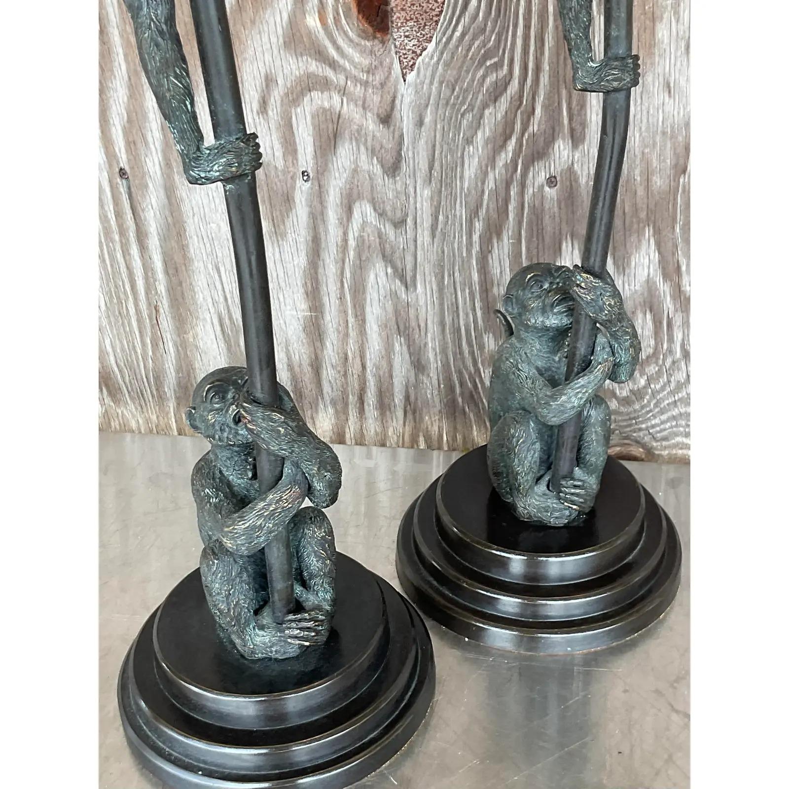 Metal Vintage Regency Maitland Smith Climbing Monkeys Table Lamps, a Pair