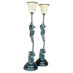 Retro Regency Maitland Smith Climbing Monkeys Table Lamps, a Pair