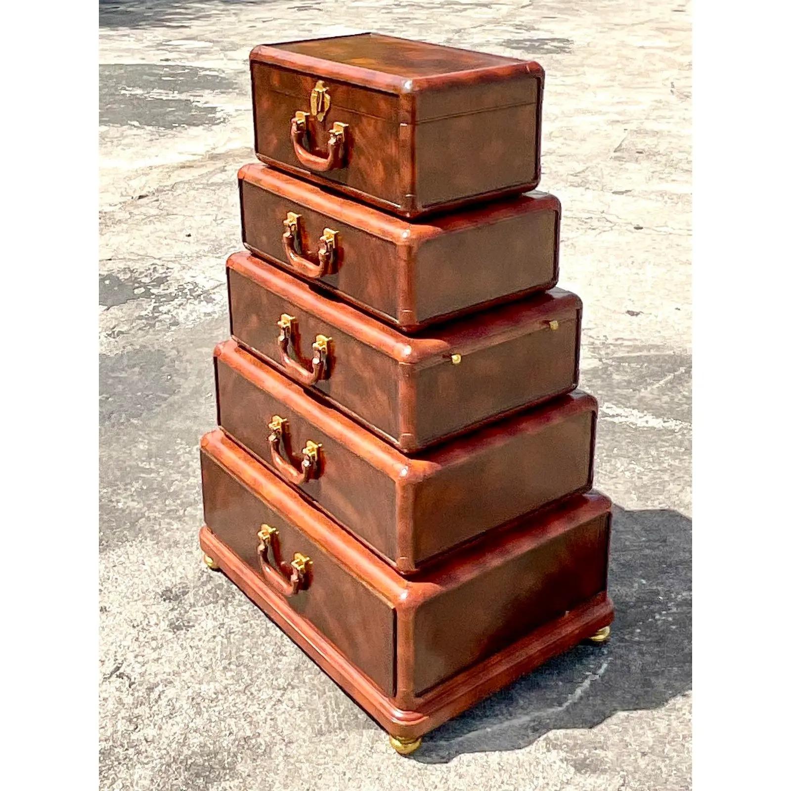 Vintage Regency Maitland Smith Flame Mahogany & Leather Stacked Luggage Dresser In Good Condition In west palm beach, FL