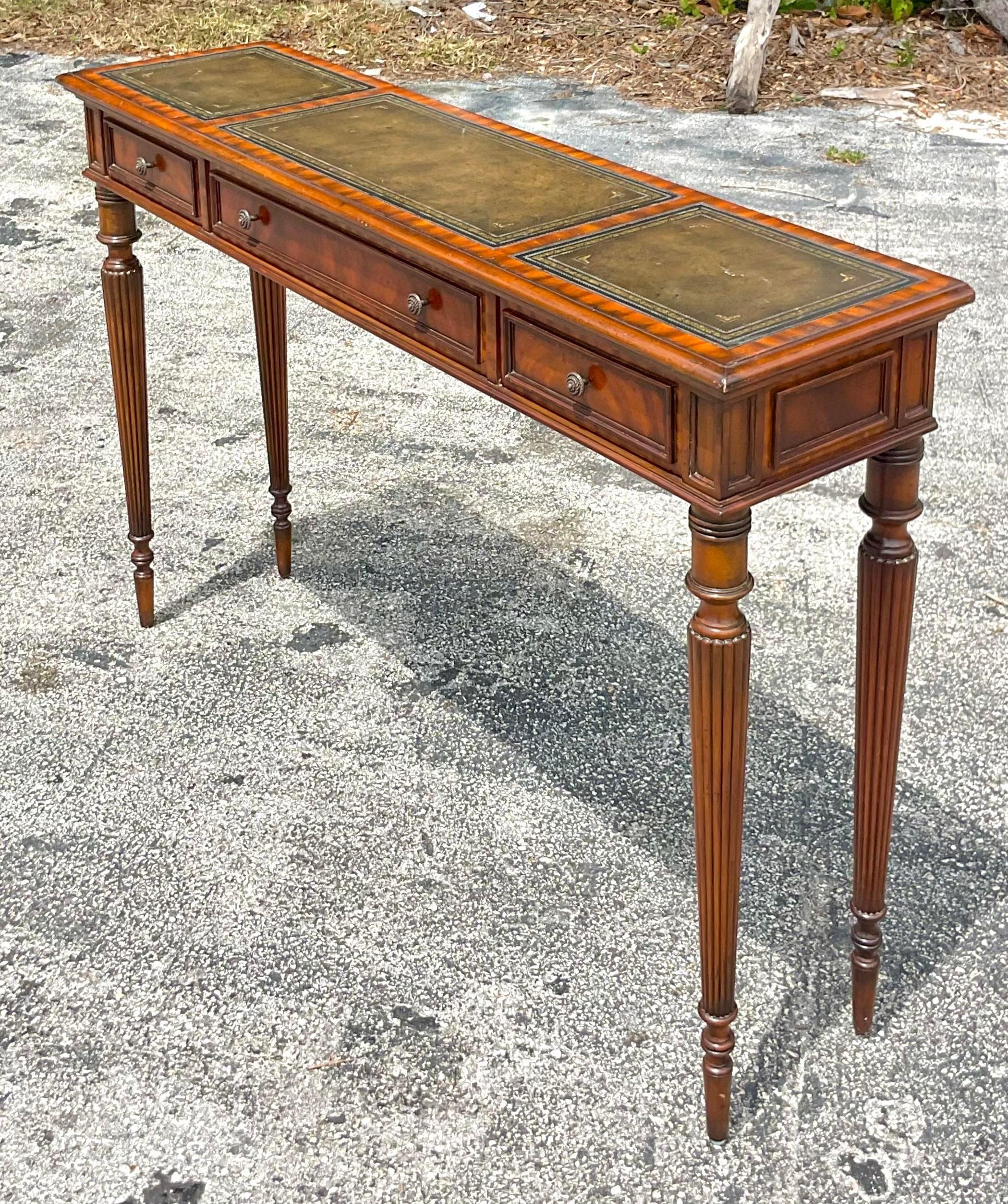 Philippine Vintage Regency Maitland Smith Leather Embossed Console Table For Sale