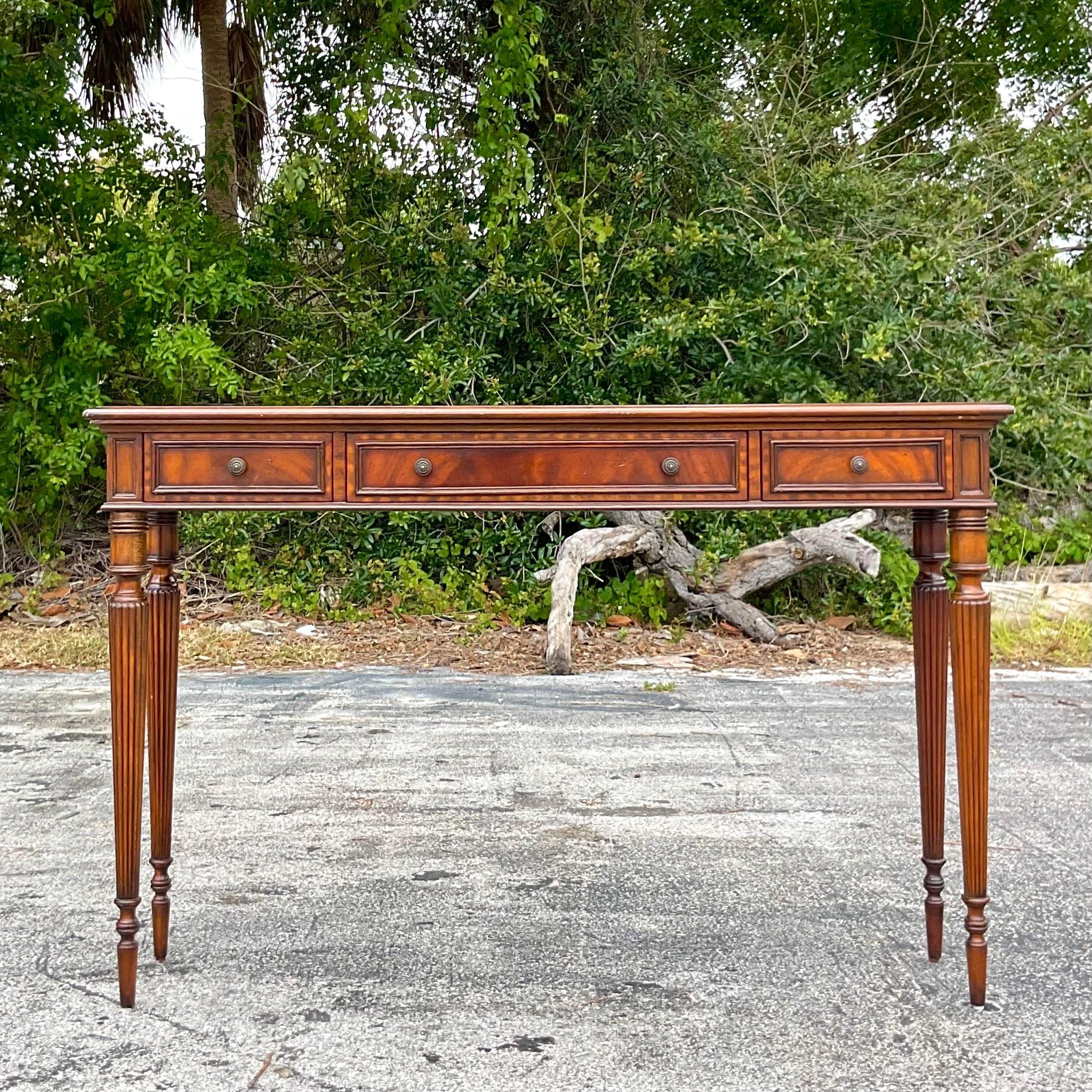 Vintage Regency Maitland Smith Leather Embossed Console Table In Good Condition For Sale In west palm beach, FL