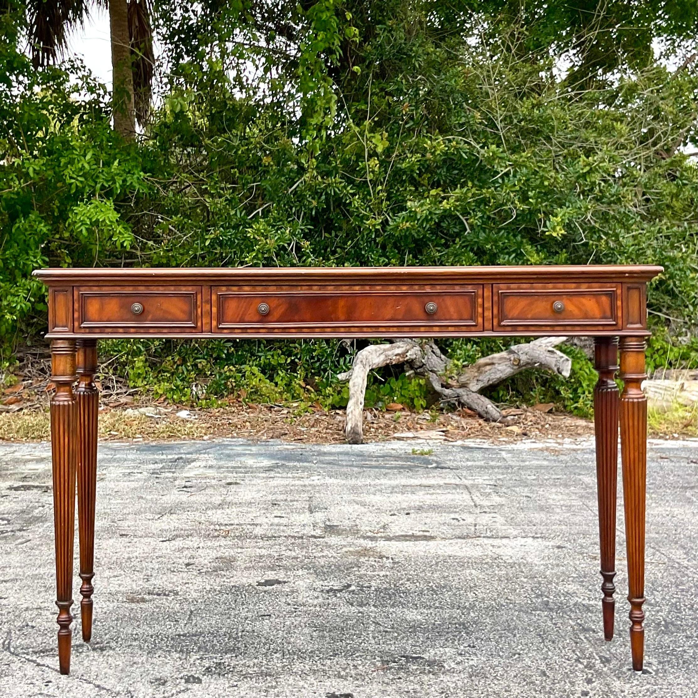 20th Century Vintage Regency Maitland Smith Leather Embossed Console Table For Sale