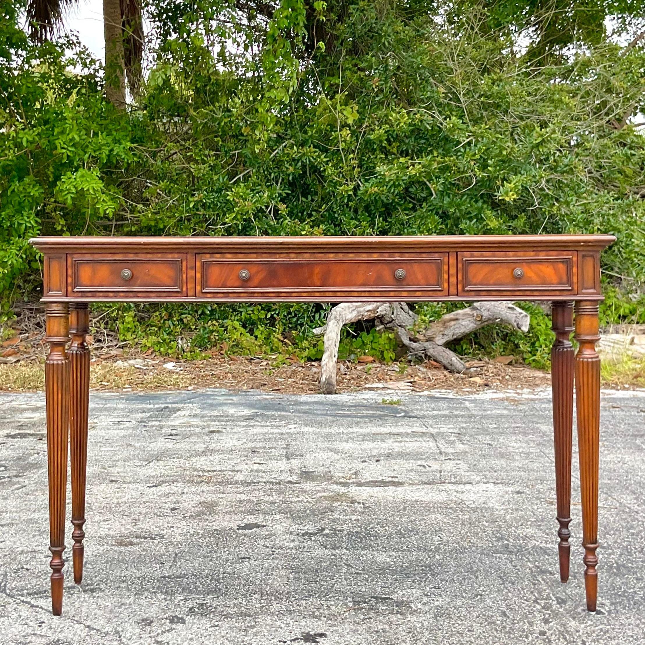 Vintage Regency Maitland Smith Leather Embossed Console Table For Sale 1