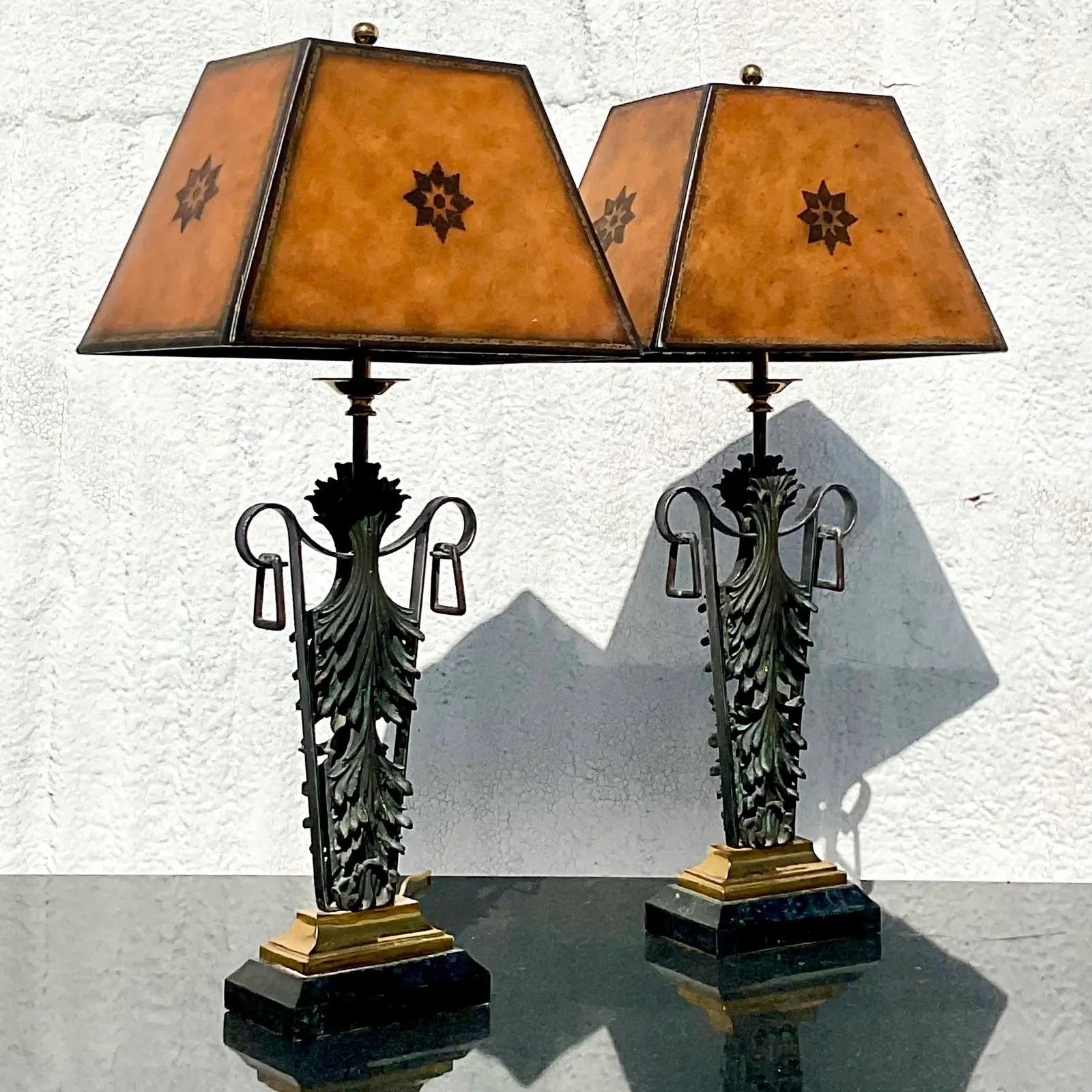Vintage Regency Maitland Smith Patinated Lamps, a Pair In Good Condition In west palm beach, FL