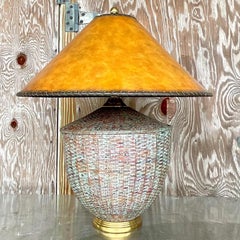 Vintage Regency Maitland Smith Patinated Rattan Table Lamp