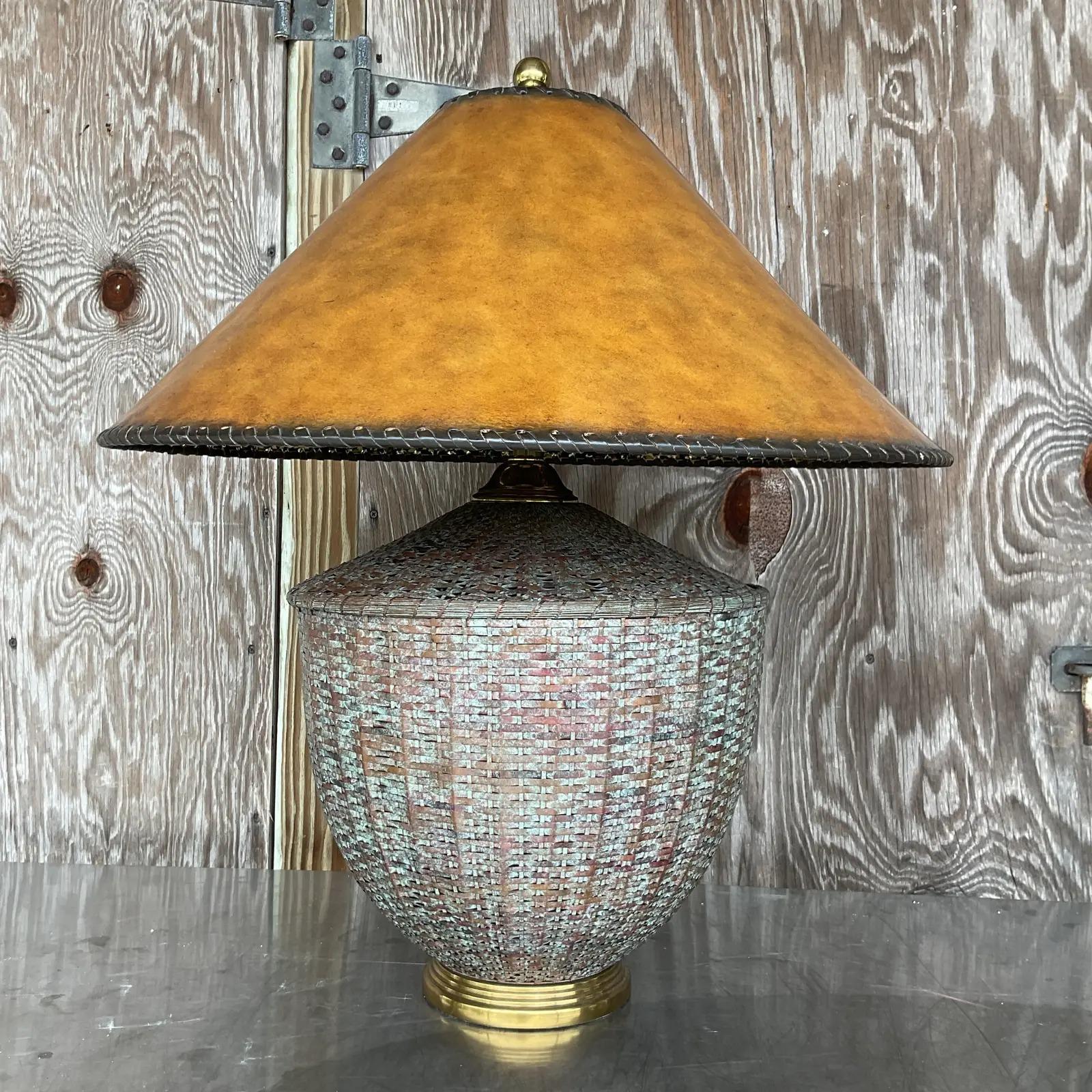 Philippine Vintage Regency Maitland Smith Patinated Rattan Table Lamp