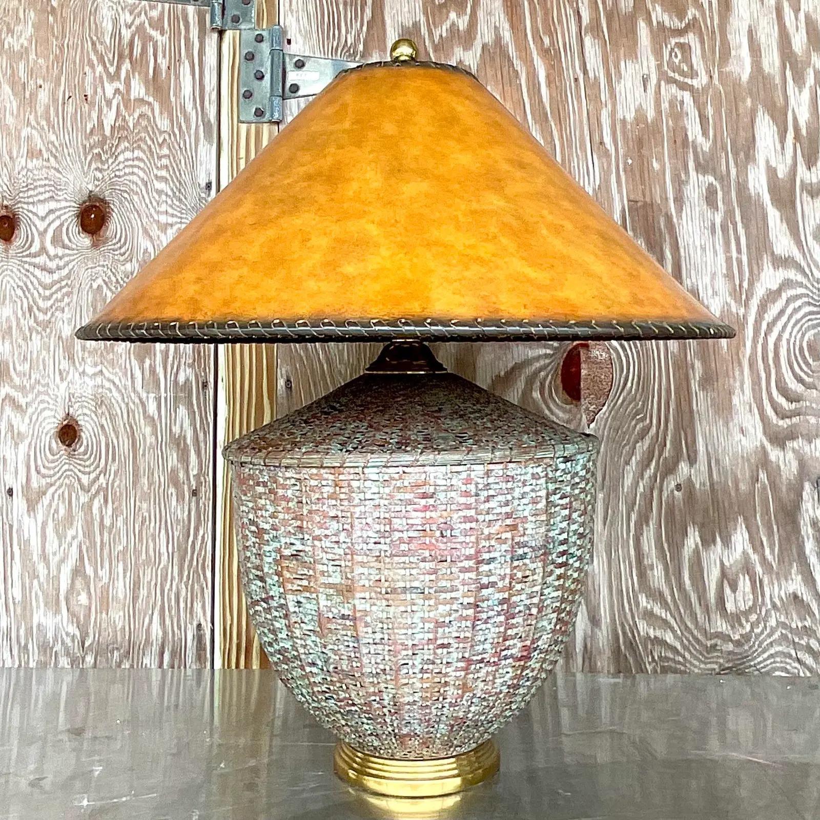 Vintage Regency Maitland Smith Patinated Rattan Table Lamp In Good Condition In west palm beach, FL