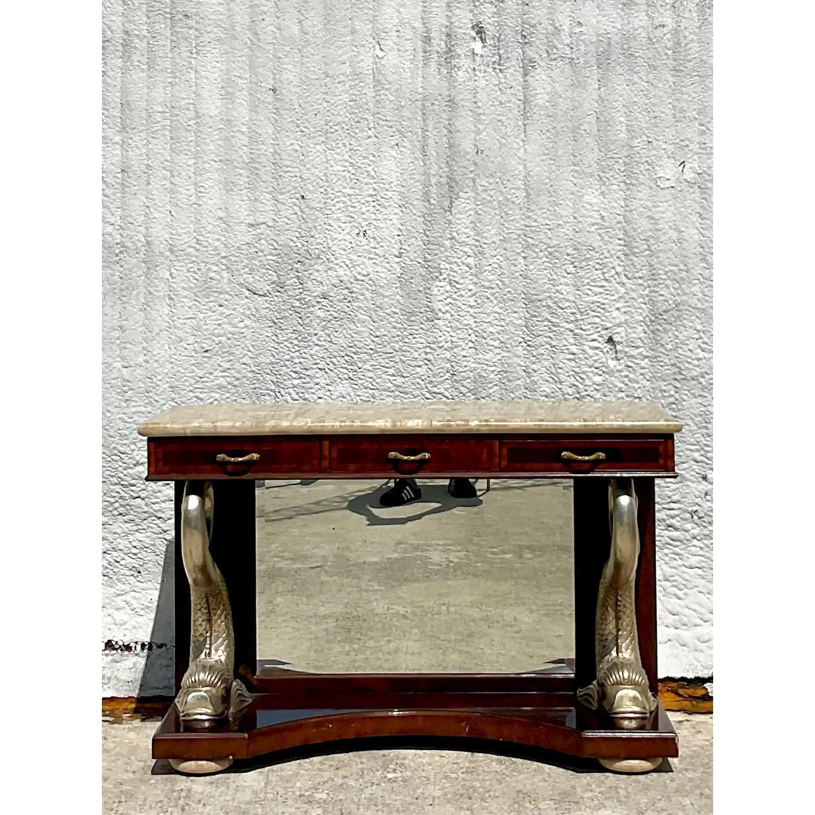Philippine Vintage Regency Maitland Smith Silver Koi Console Table For Sale