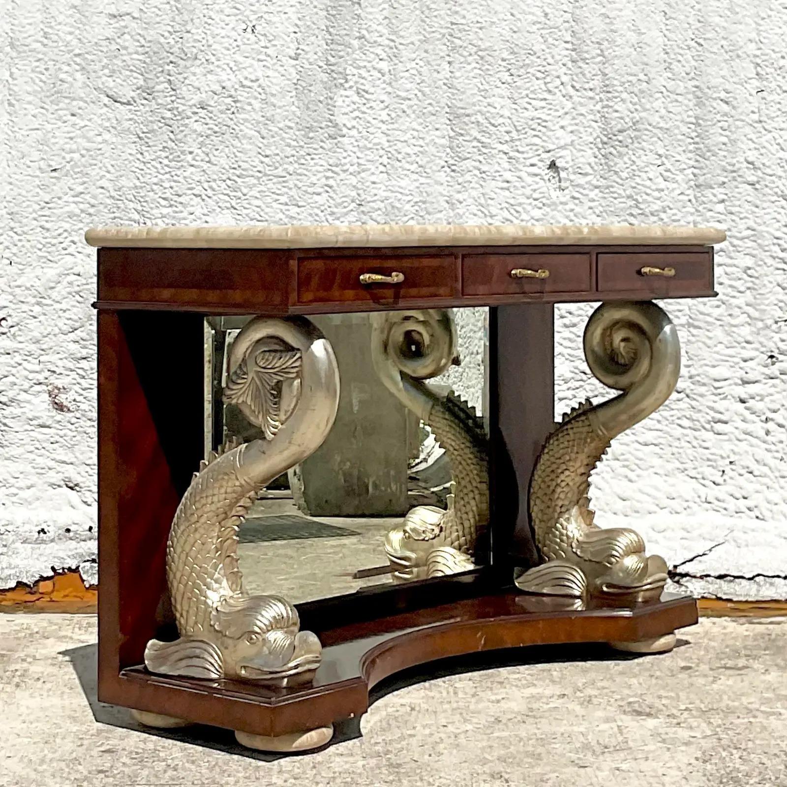 20th Century Vintage Regency Maitland Smith Silver Koi Console Table For Sale