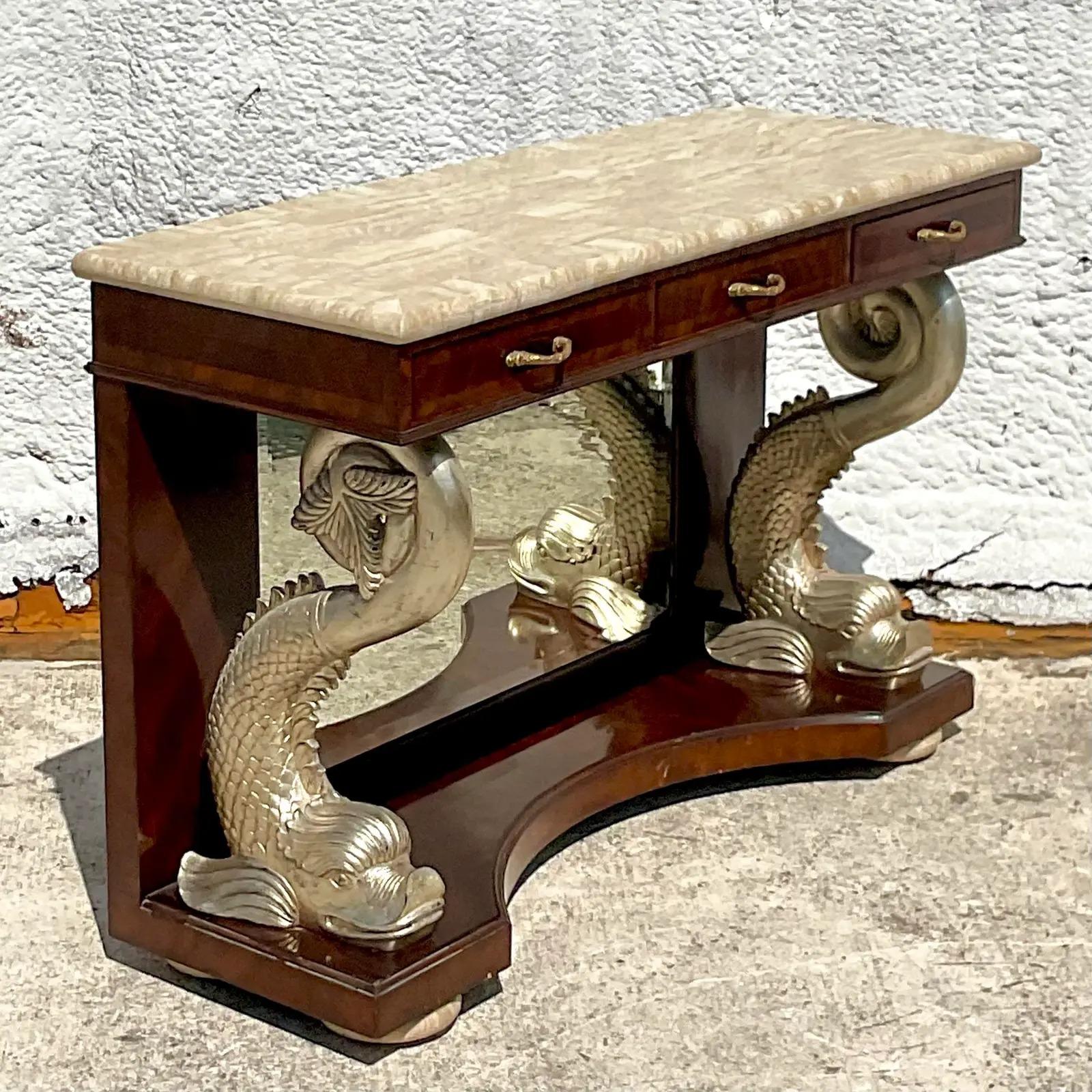 Vintage Regency Maitland Smith Silver Koi Console Table For Sale 1