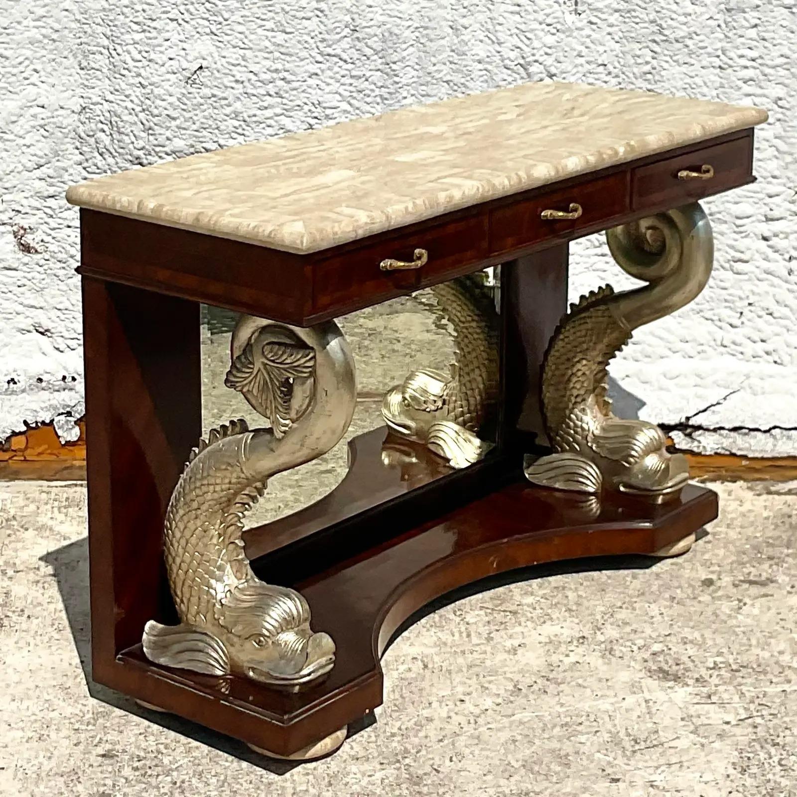 Vintage Regency Maitland Smith Silver Koi Console Table For Sale 3