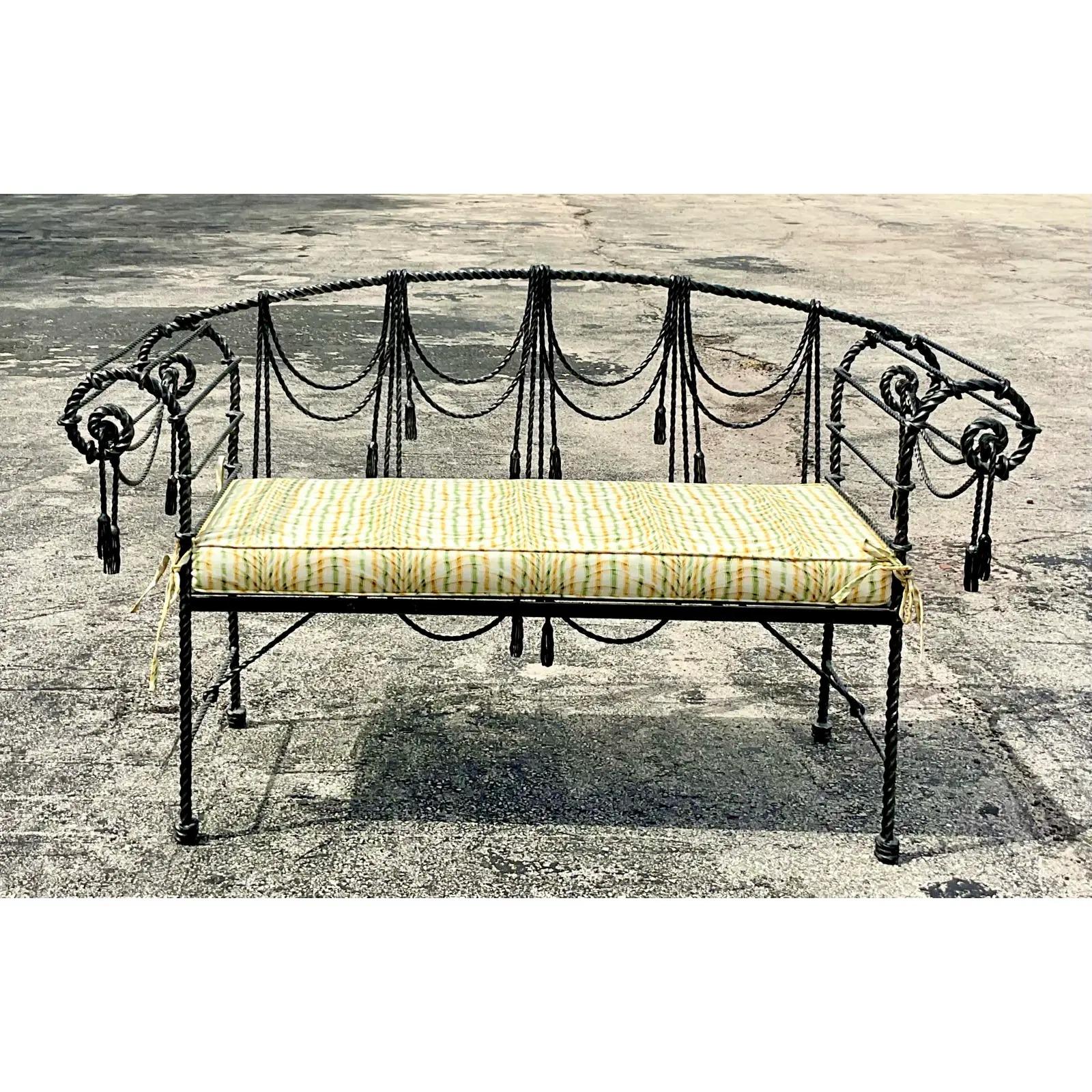 Vintage Regency Maitland Smith Swag and Tassel Wrought Iron Bench 4