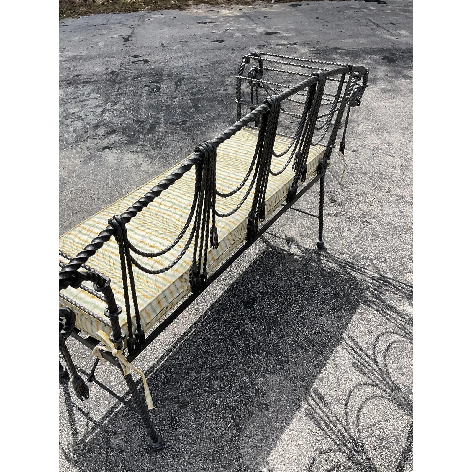 Vintage Regency Maitland Smith Swag and Tassel Wrought Iron Bench In Good Condition In west palm beach, FL