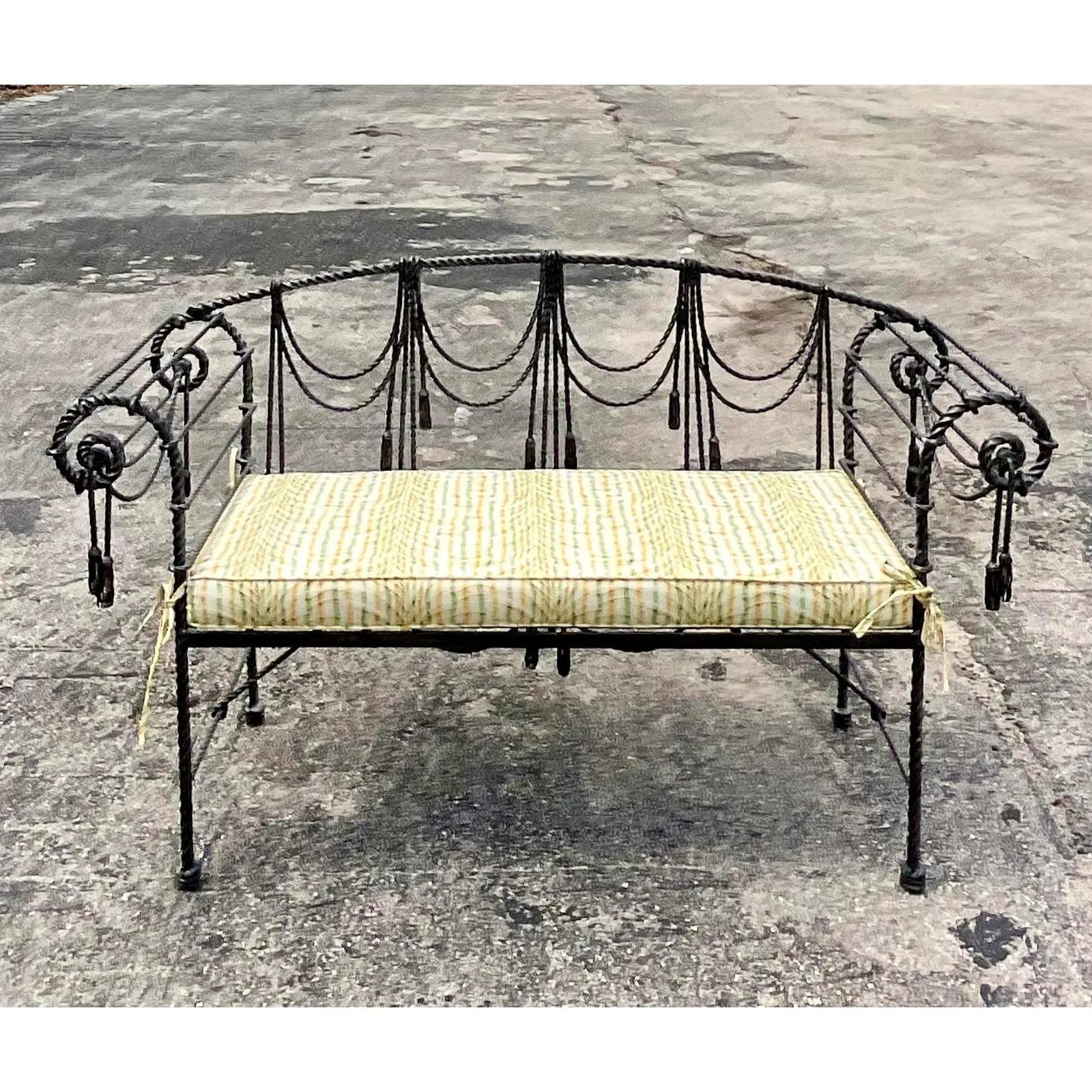 Rush Vintage Regency Maitland Smith Swag and Tassel Wrought Iron Bench