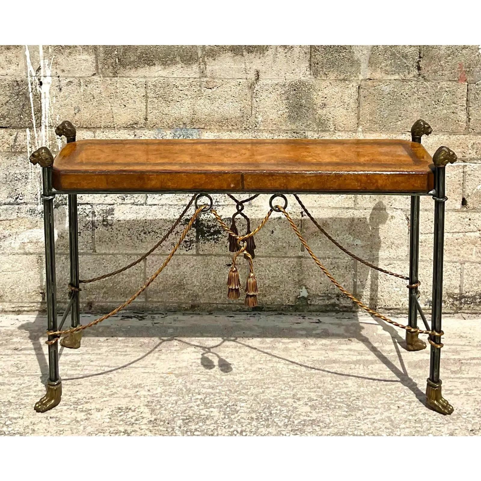 Leather Vintage Regency Maitland Smith Swag Wrought Iron Console Table