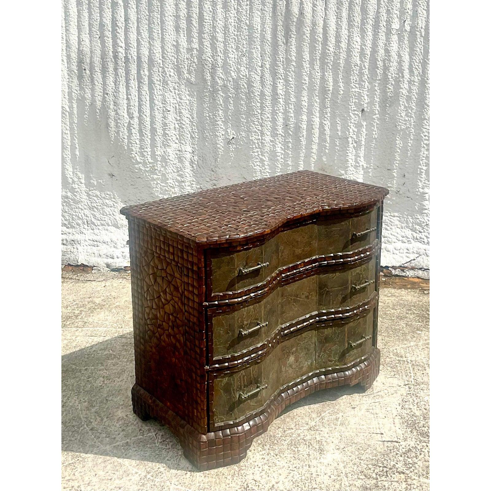 Incredible vintage Maitland-Smith coconut shell cabinet. Beautiful textured verdigris surface with a chic diamond design on top. Truly a collectors item. Marked in the top drawer. Acquired from a Palm Beach estate.