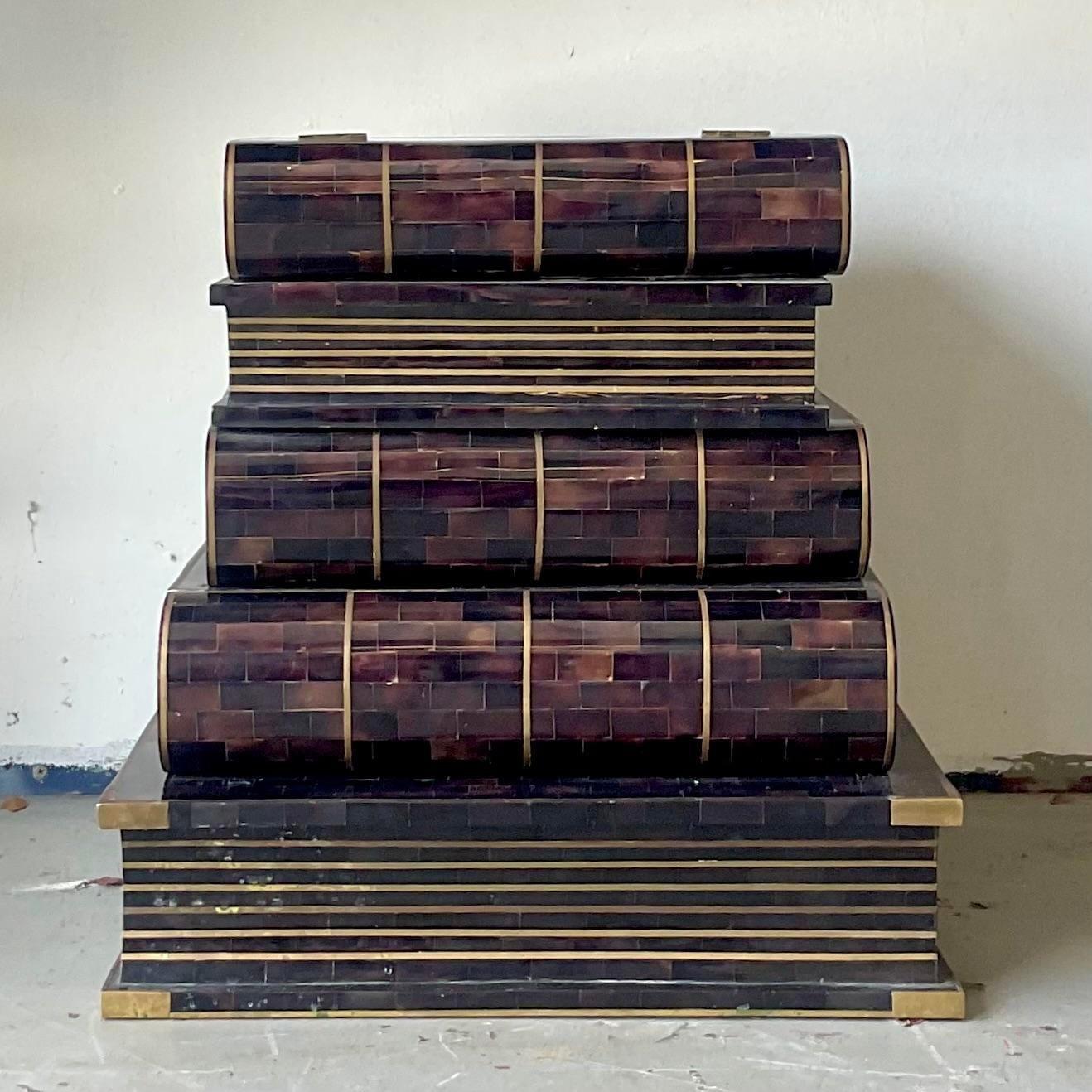 Philippine Vintage Regency Maitland Smith Tessellated Horn Stacked Book Side Table