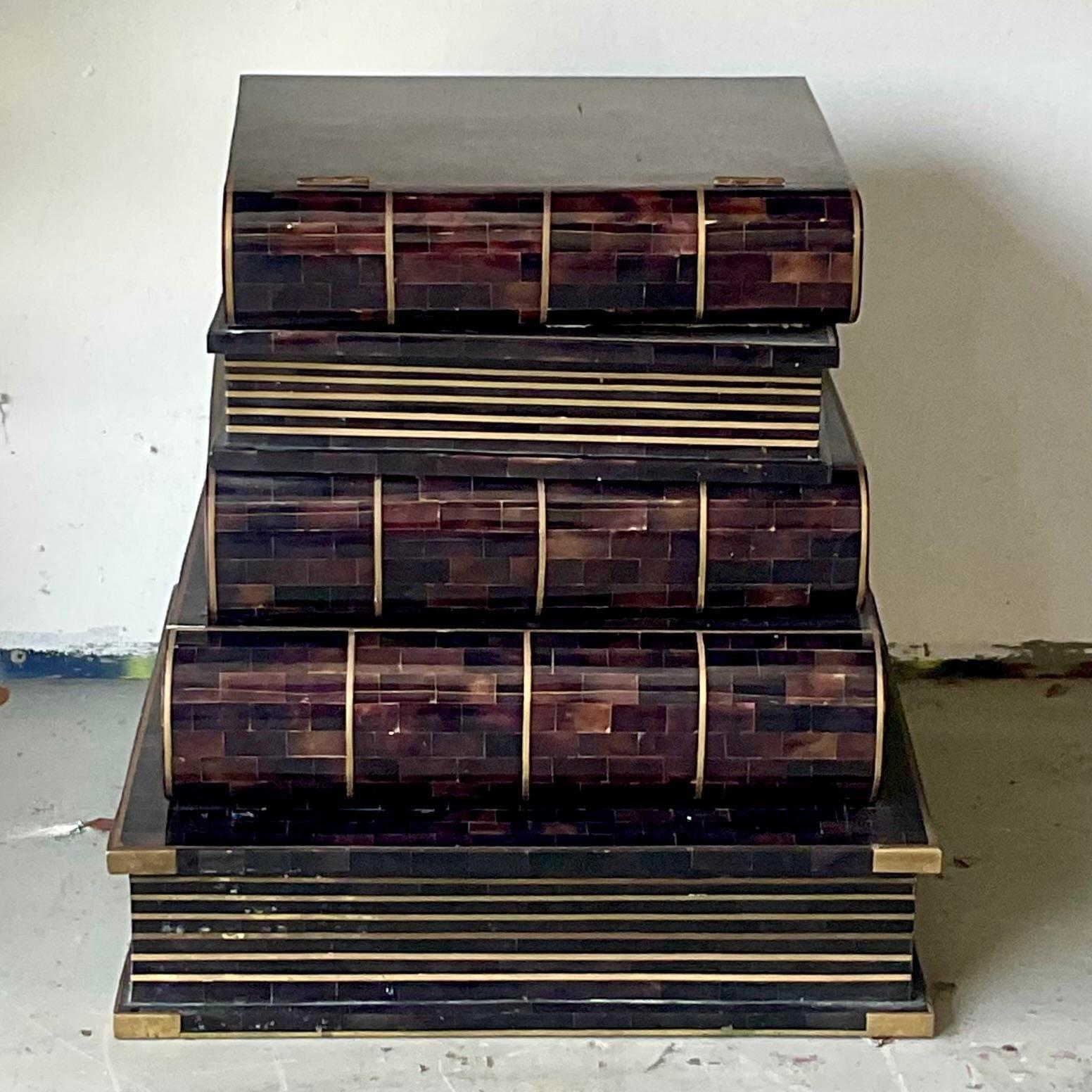 20th Century Vintage Regency Maitland Smith Tessellated Horn Stacked Book Side Table