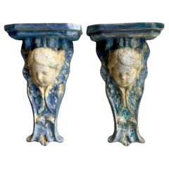 Vintage Regency Majolica Cherub Brackets - a Pair