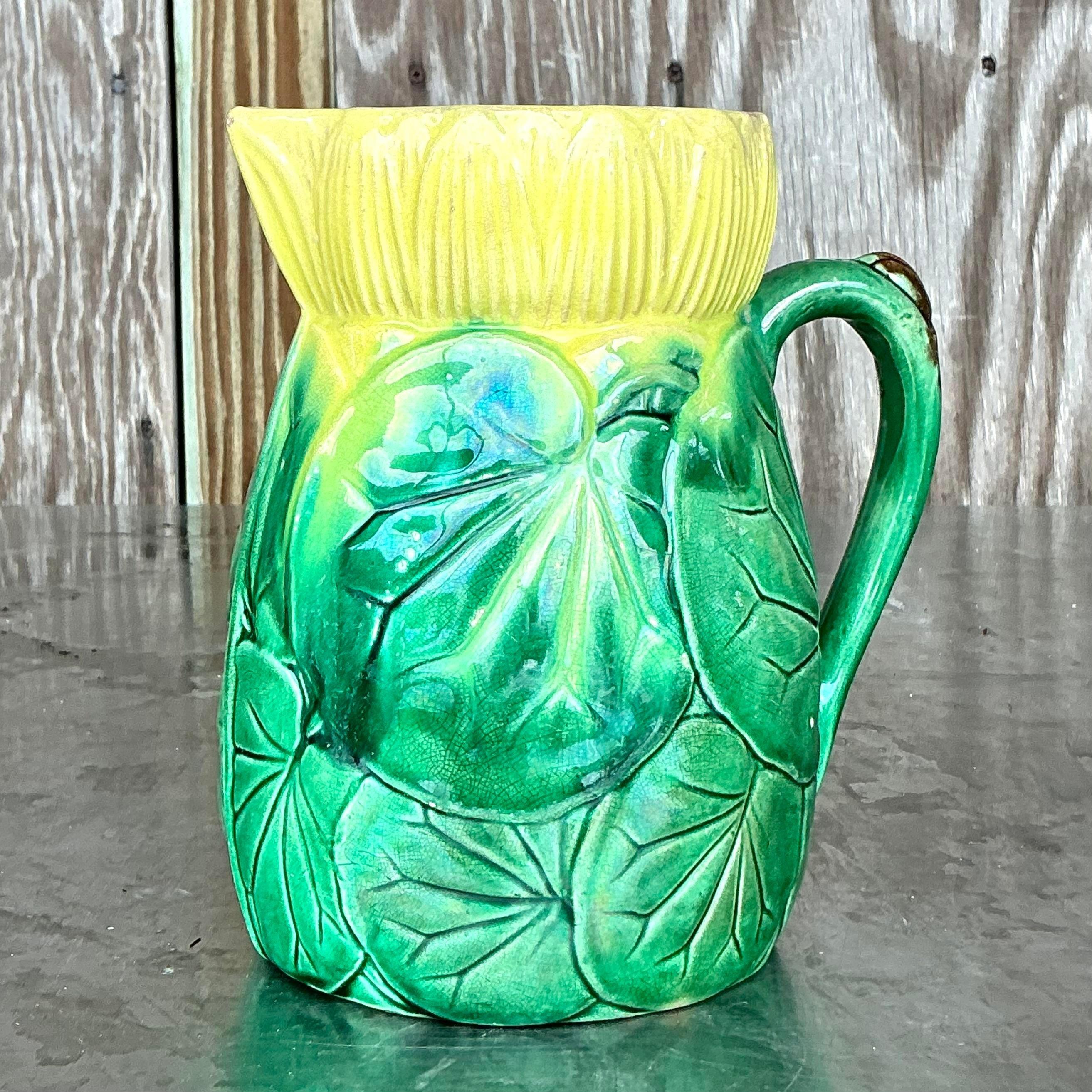 American Vintage Regency Majolica Style Lilypad Pitcher For Sale