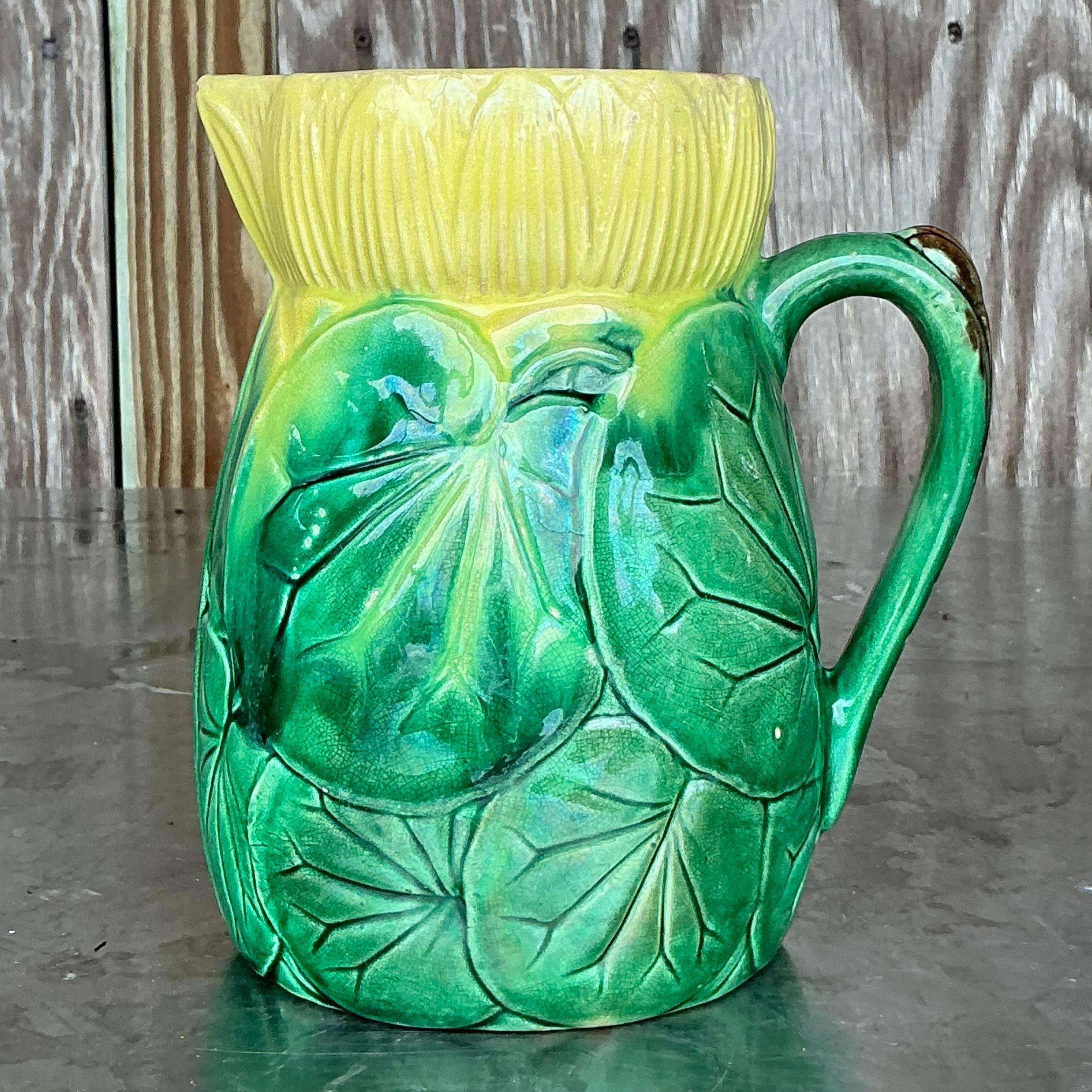 Vintage Regency Majolica Style Lilypad Pitcher In Good Condition For Sale In west palm beach, FL