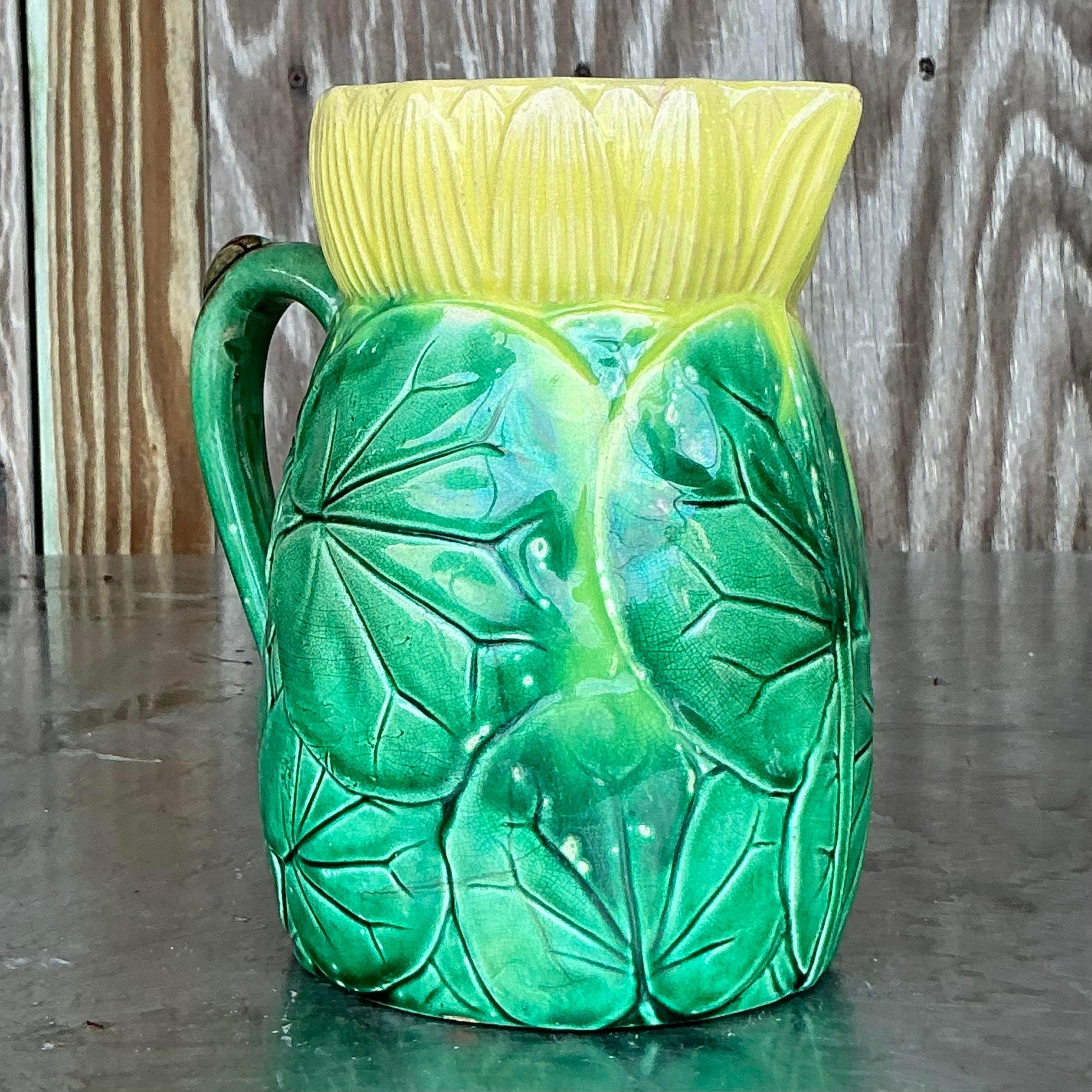 20th Century Vintage Regency Majolica Style Lilypad Pitcher For Sale