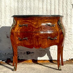 Vintage Regency Marble Top Marquetry Bombe Chest