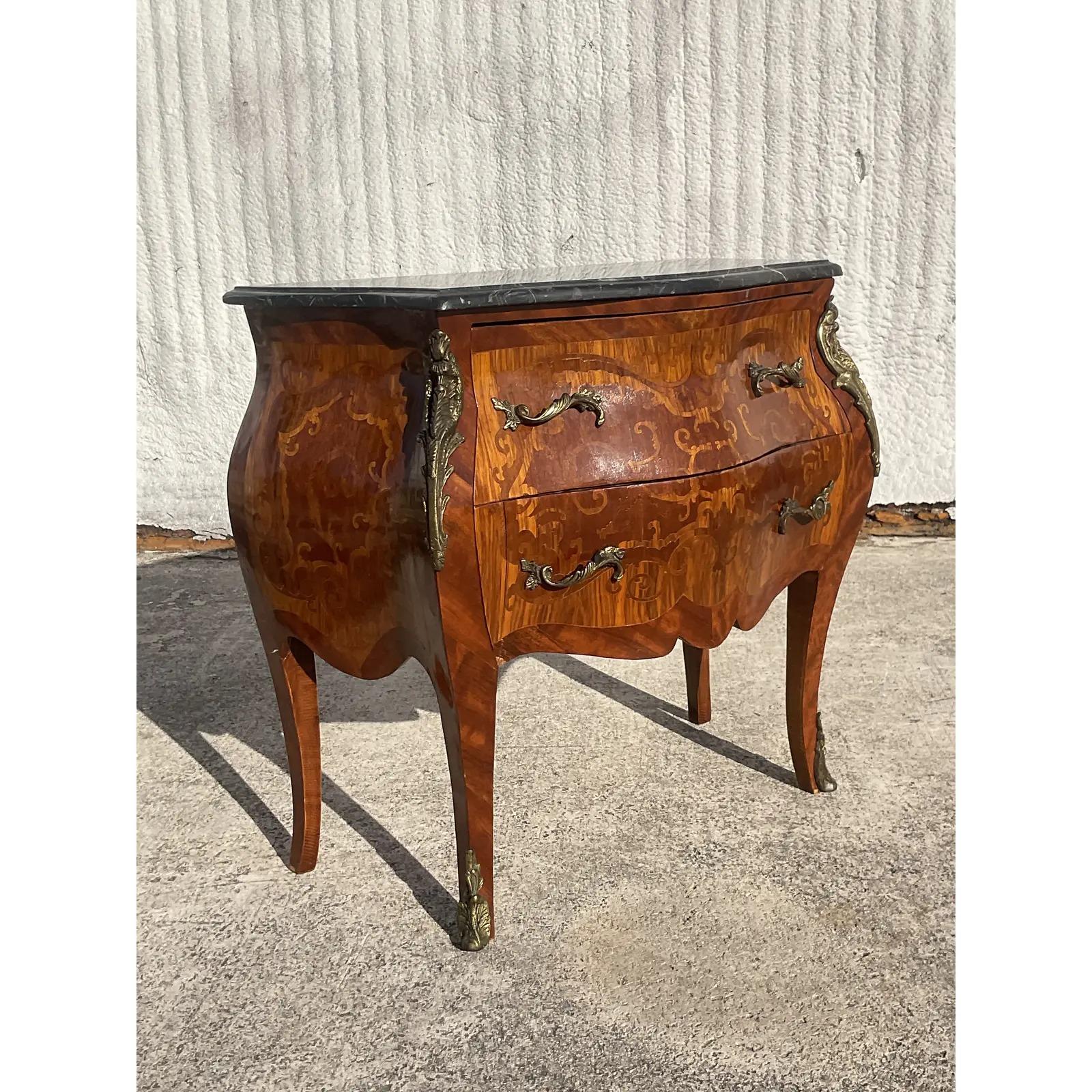 Vintage Regency Marble Top Marquetry Bombe Chest In Good Condition For Sale In west palm beach, FL
