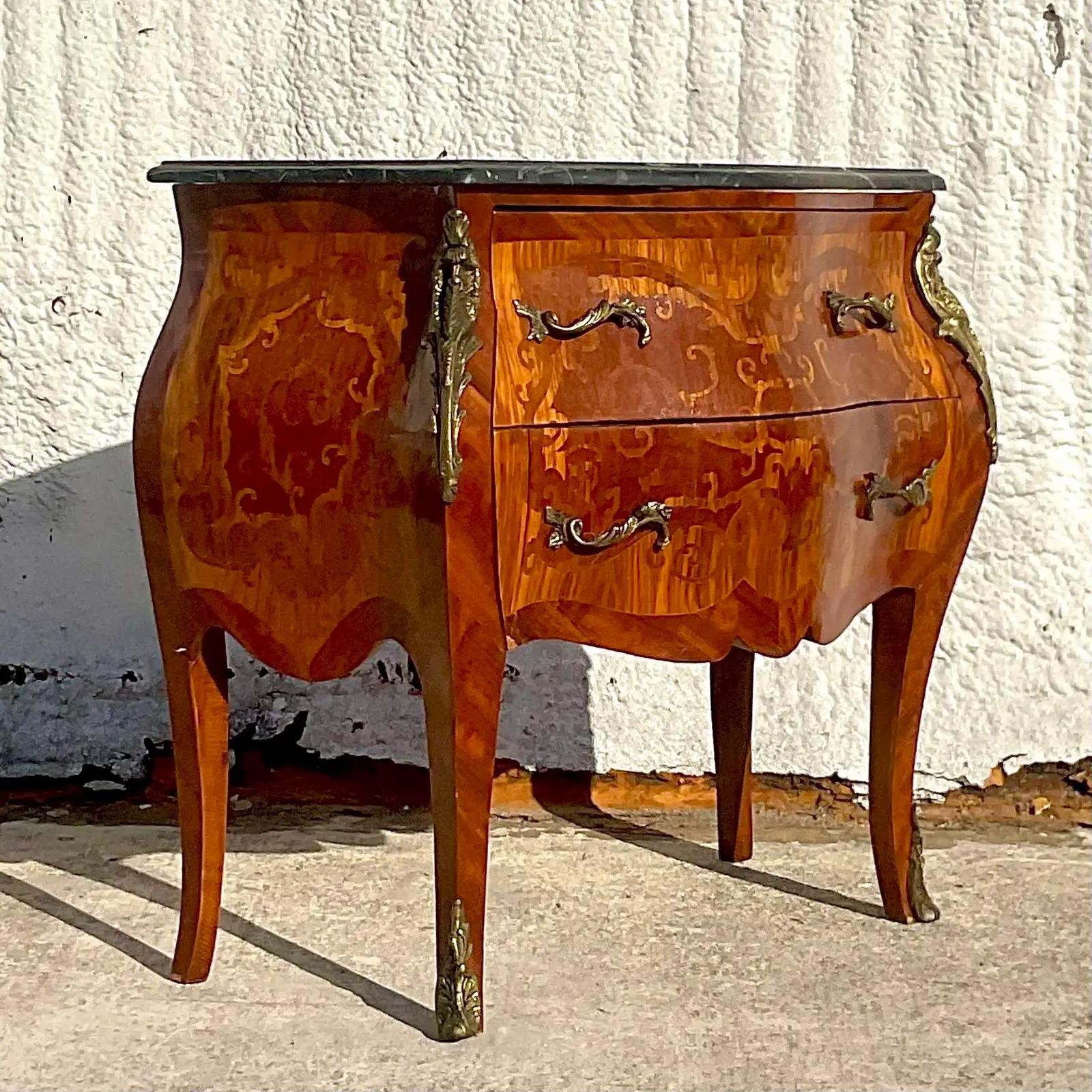 20th Century Vintage Regency Marble Top Marquetry Bombe Chest For Sale
